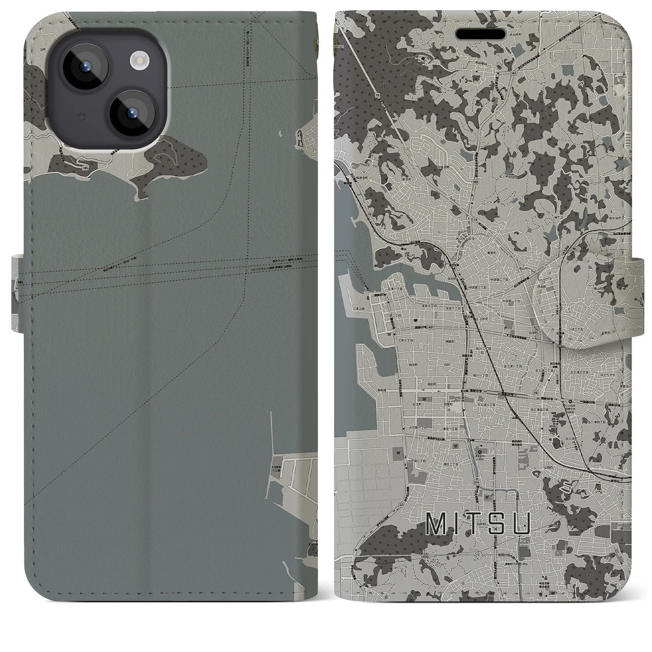 【三津(愛媛県)】地図柄iPhoneケース(手帳タイプ)モノトーン・iPhone 14 Plus 用