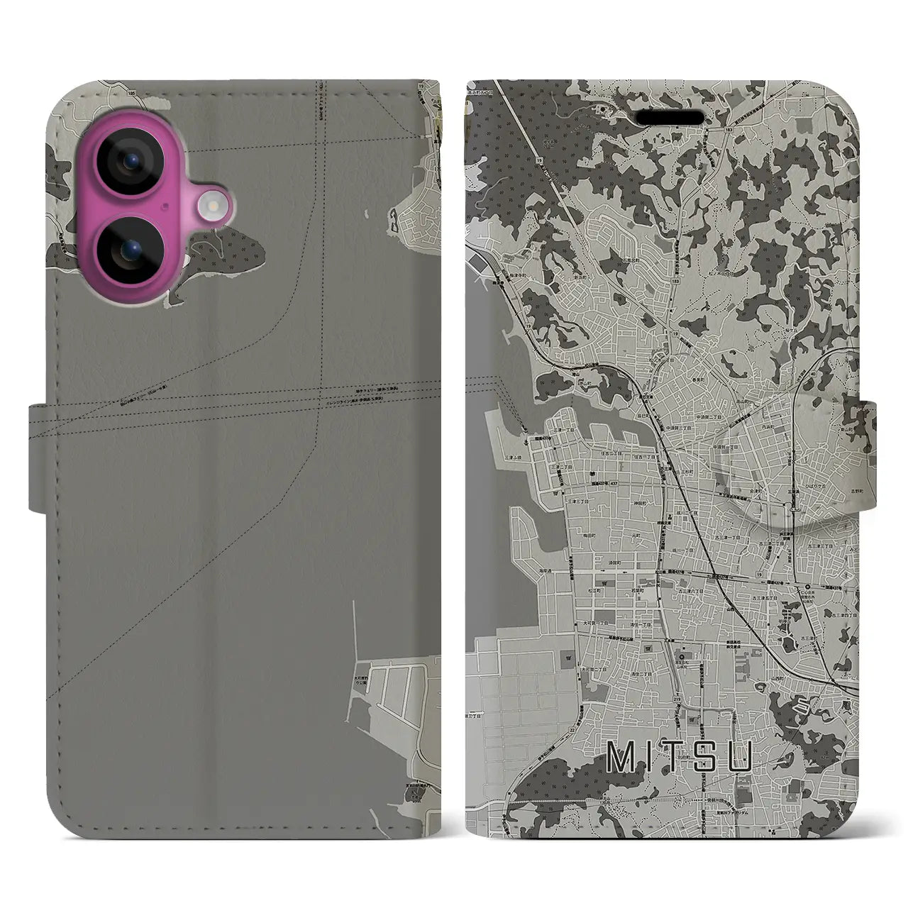 【三津(愛媛県)】地図柄iPhoneケース(手帳タイプ)モノトーン・iPhone 16 Pro 用