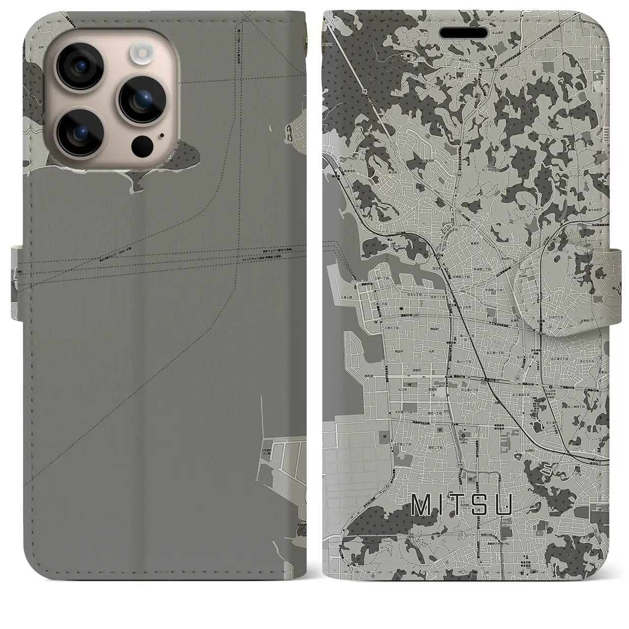 【三津(愛媛県)】地図柄iPhoneケース(手帳タイプ)モノトーン・iPhone 16 Plus 用