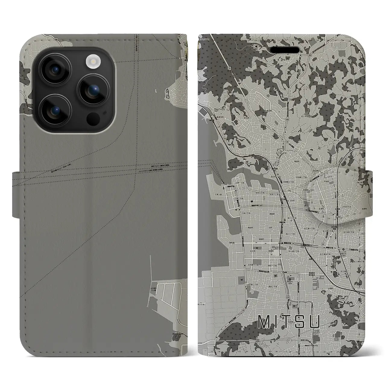 【三津(愛媛県)】地図柄iPhoneケース(手帳タイプ)モノトーン・iPhone 16 用