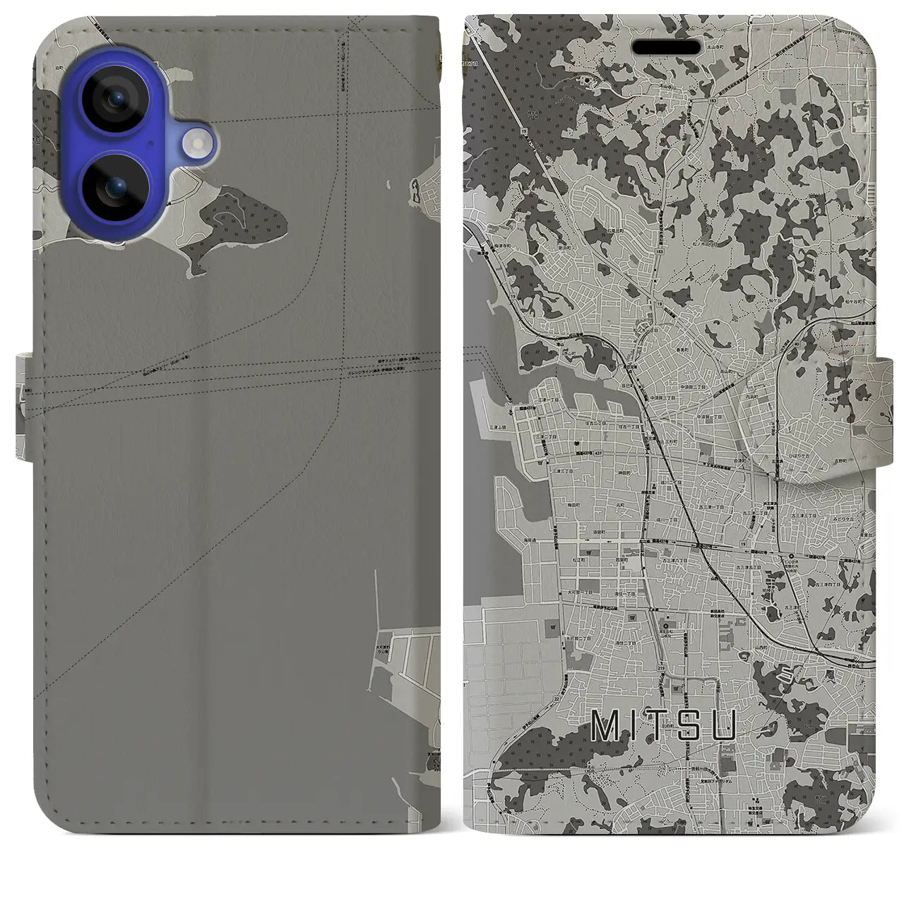 【三津(愛媛県)】地図柄iPhoneケース(手帳タイプ)モノトーン・iPhone 16 Pro Max 用