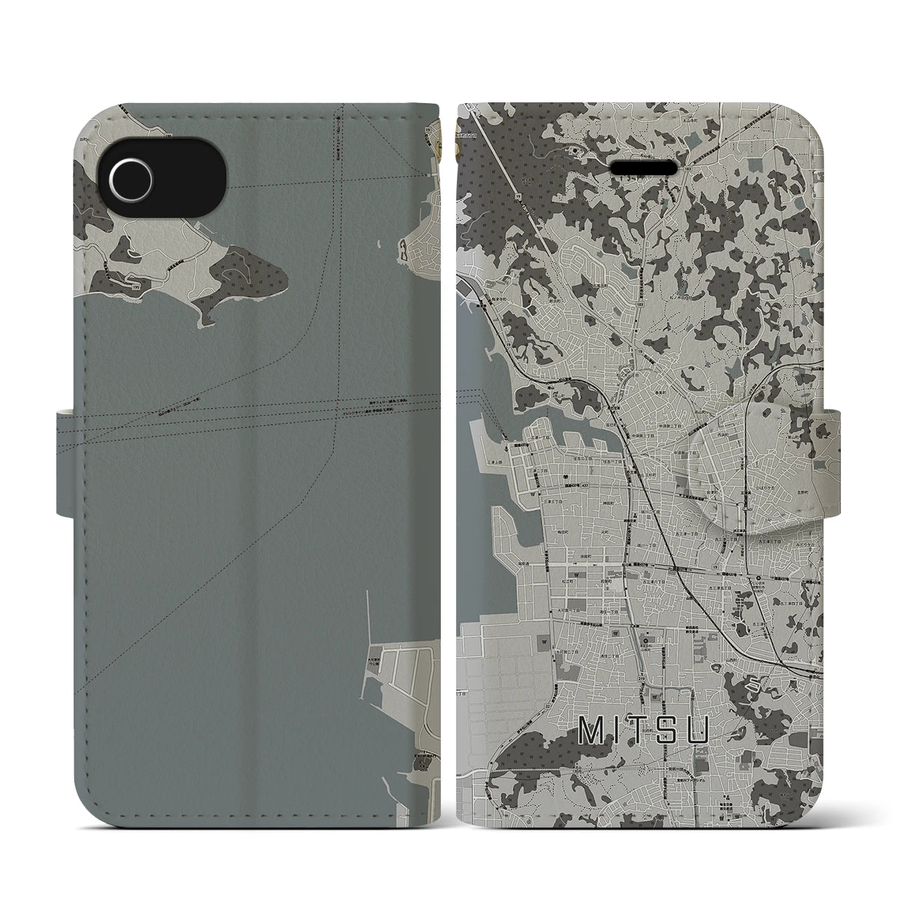 【三津(愛媛県)】地図柄iPhoneケース(手帳タイプ)モノトーン・iPhone SE(第3 / 第2世代) / 8 / 7 / 6s / 6 用