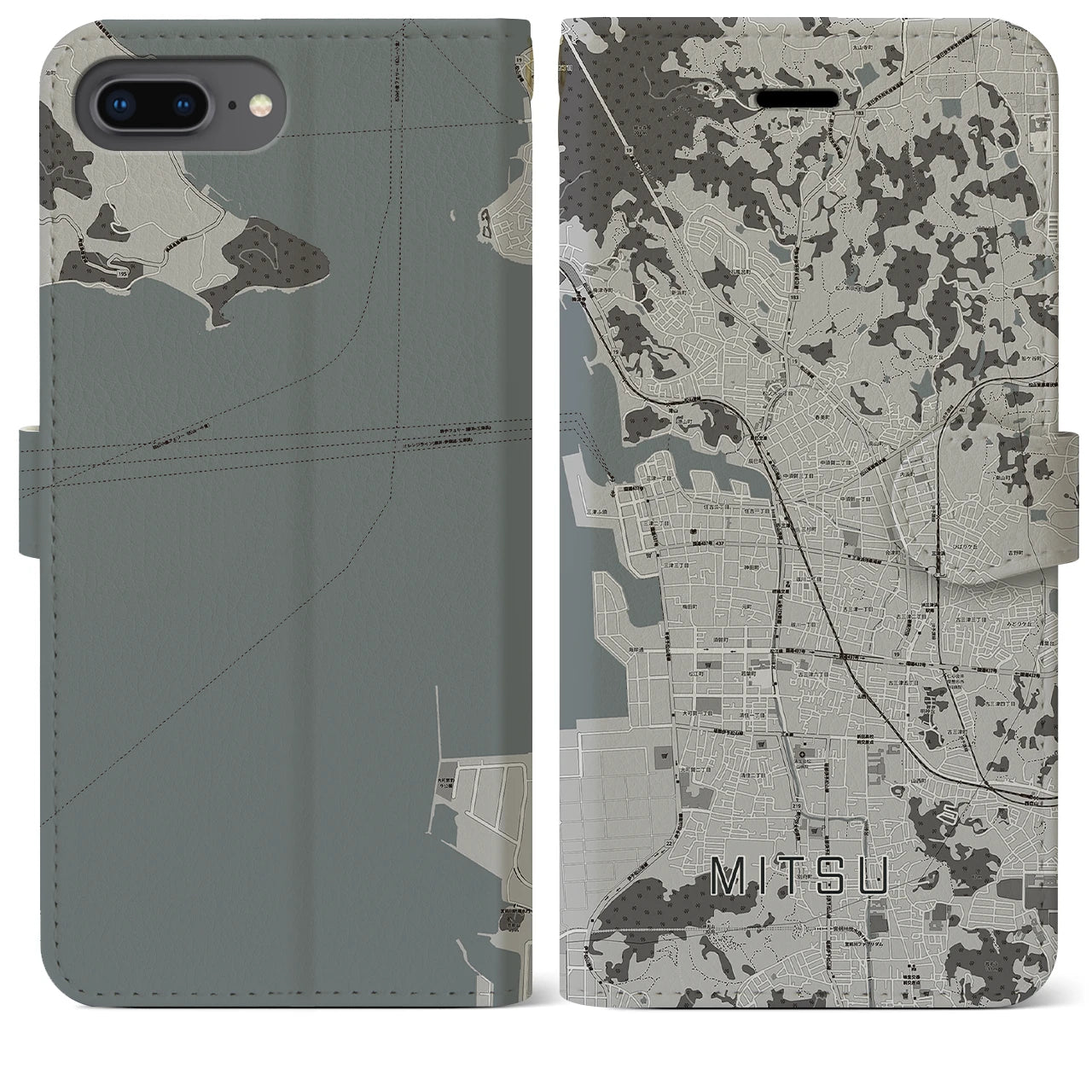 【三津(愛媛県)】地図柄iPhoneケース(手帳タイプ)モノトーン・iPhone 8Plus /7Plus / 6sPlus / 6Plus 用