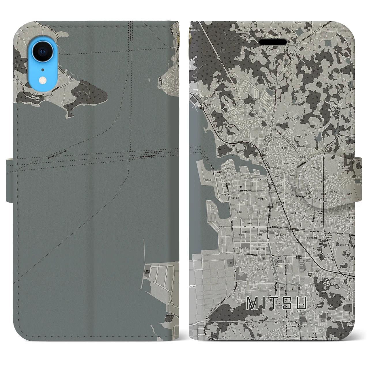 【三津(愛媛県)】地図柄iPhoneケース(手帳タイプ)モノトーン・iPhone XR 用