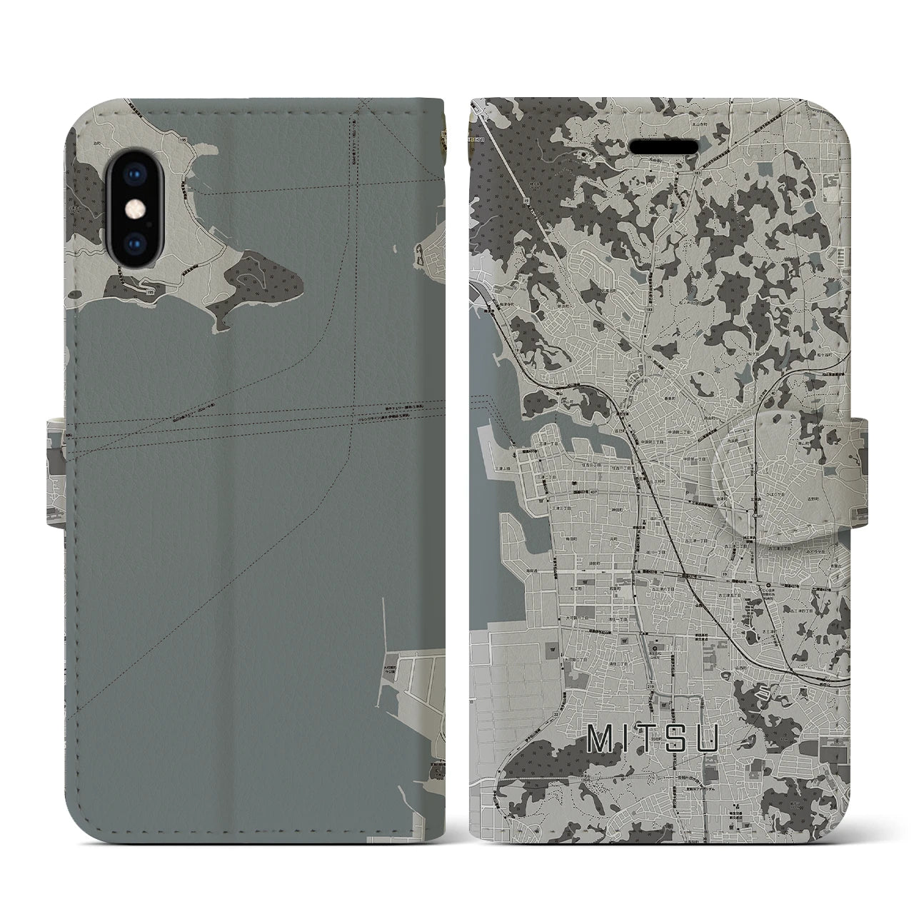 【三津(愛媛県)】地図柄iPhoneケース(手帳タイプ)モノトーン・iPhone XS / X 用