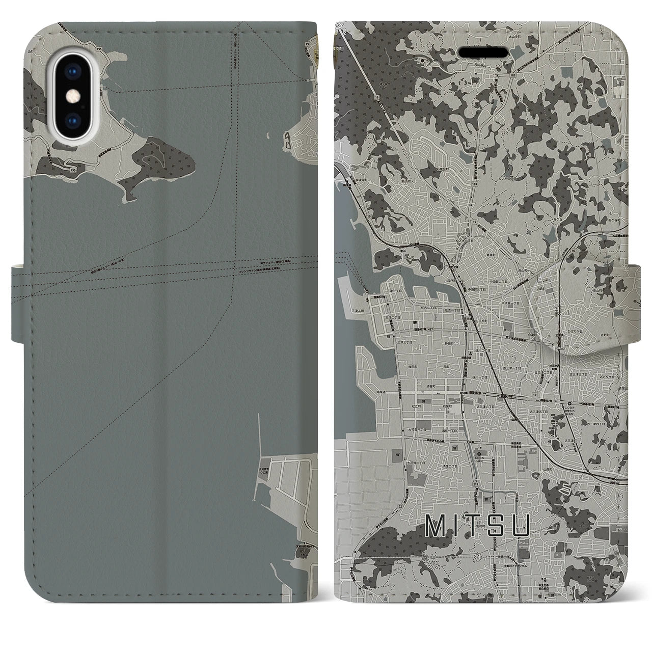 【三津(愛媛県)】地図柄iPhoneケース(手帳タイプ)モノトーン・iPhone XS Max 用