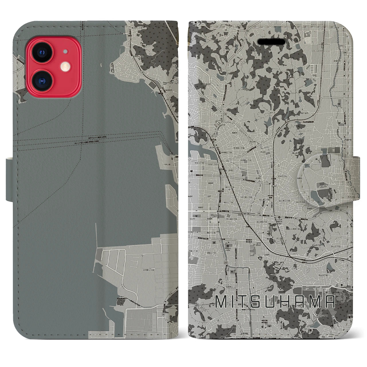 【三津浜(愛媛県)】地図柄iPhoneケース(手帳タイプ)モノトーン・iPhone 11 用