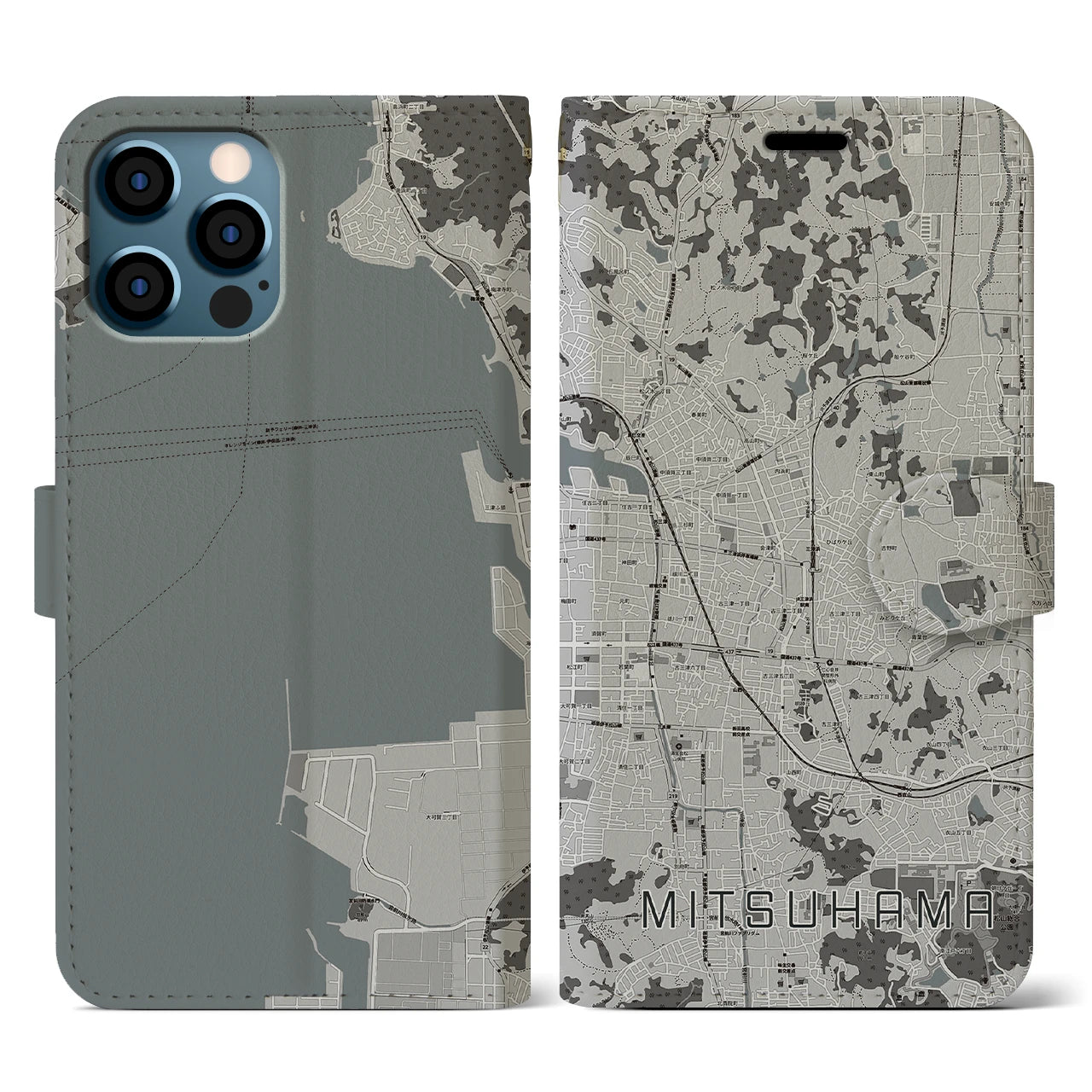 【三津浜(愛媛県)】地図柄iPhoneケース(手帳タイプ)モノトーン・iPhone 12 / 12 Pro 用