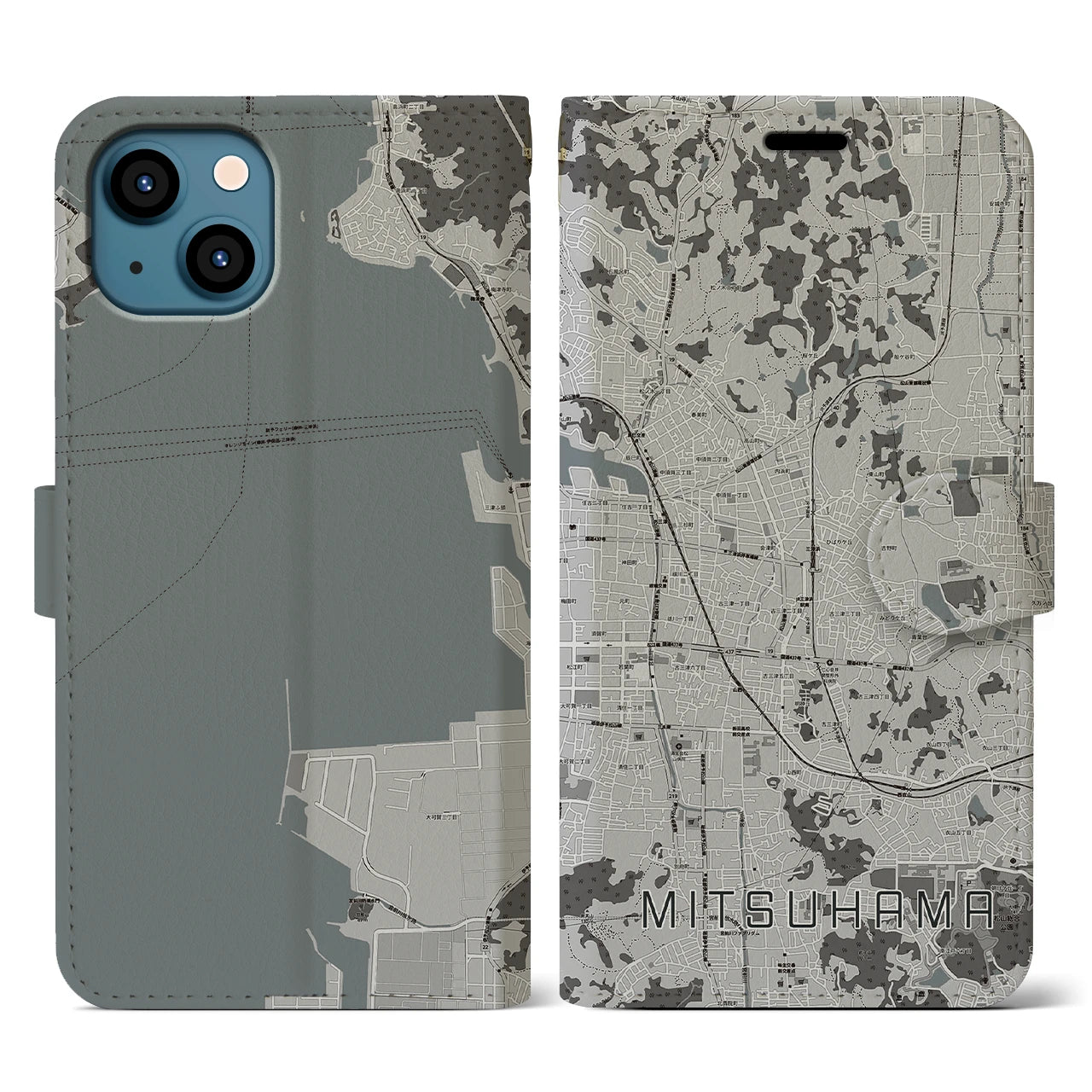 【三津浜(愛媛県)】地図柄iPhoneケース(手帳タイプ)モノトーン・iPhone 13 用
