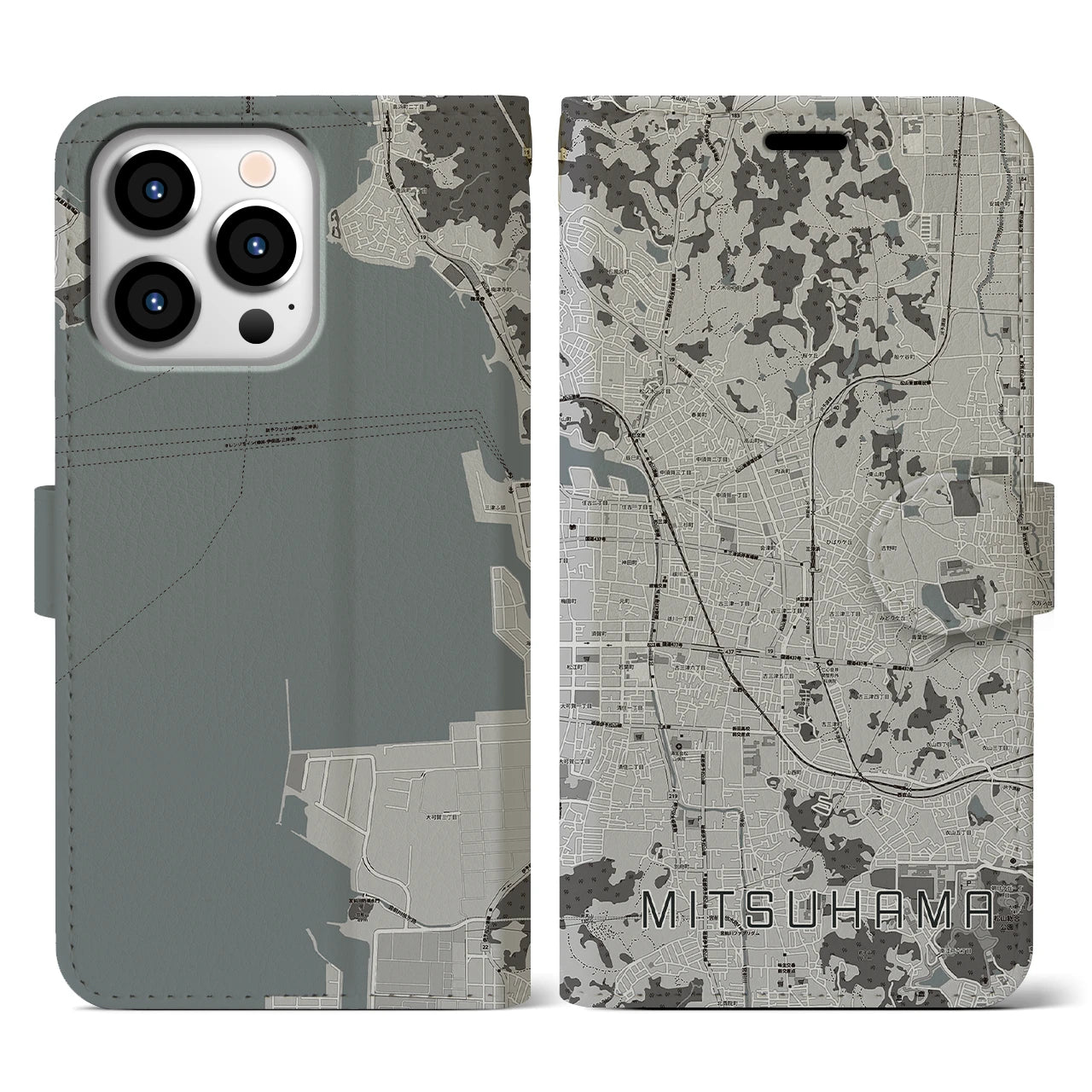 【三津浜(愛媛県)】地図柄iPhoneケース(手帳タイプ)モノトーン・iPhone 13 Pro 用