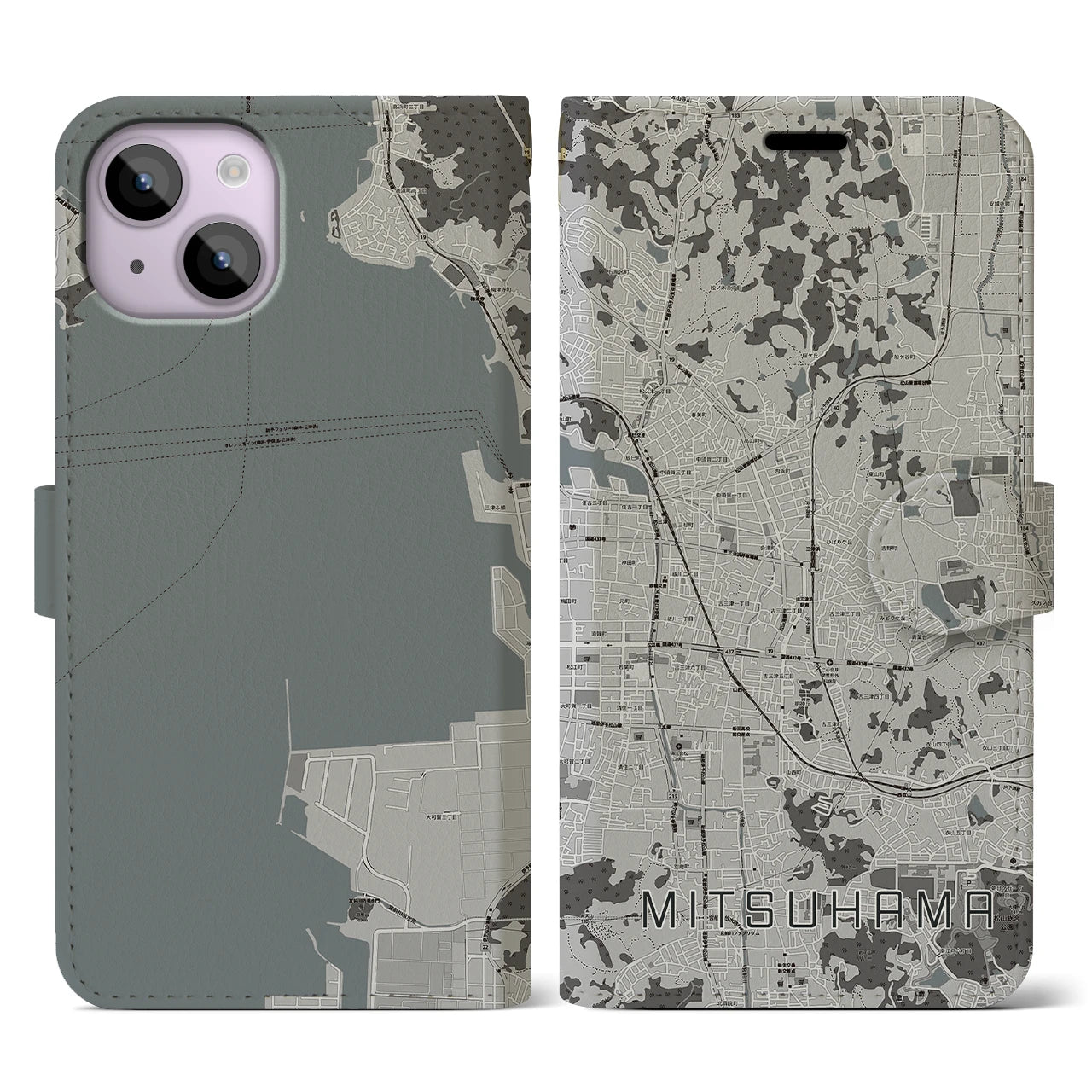 【三津浜(愛媛県)】地図柄iPhoneケース(手帳タイプ)モノトーン・iPhone 14 用