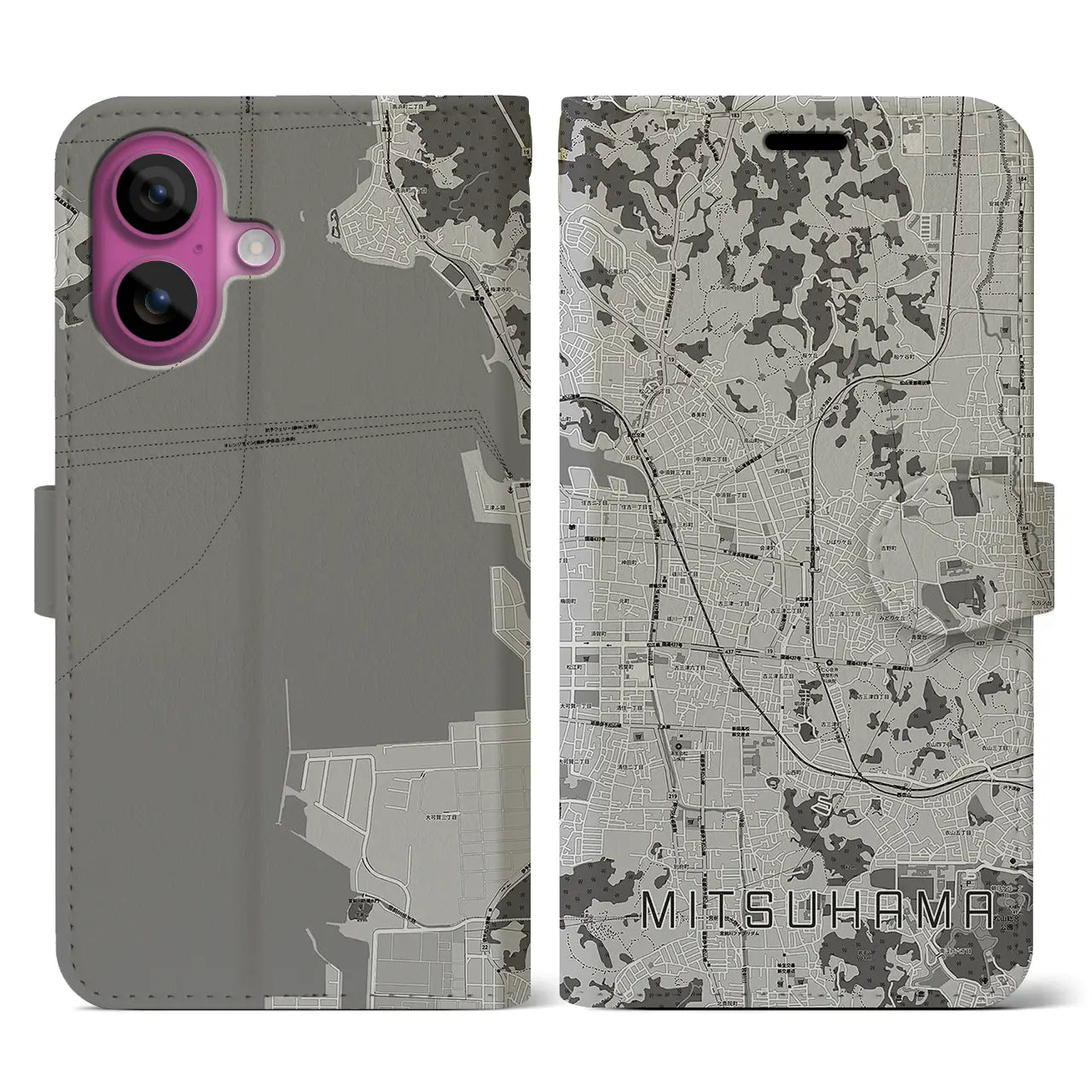 【三津浜(愛媛県)】地図柄iPhoneケース(手帳タイプ)モノトーン・iPhone 16 Pro 用