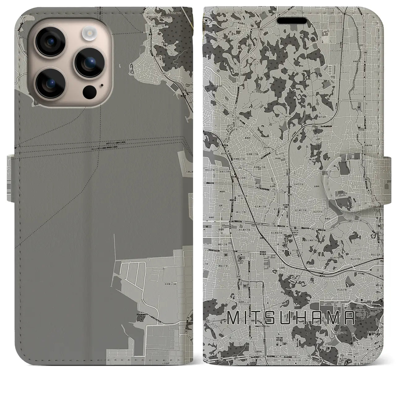 【三津浜(愛媛県)】地図柄iPhoneケース(手帳タイプ)モノトーン・iPhone 16 Plus 用
