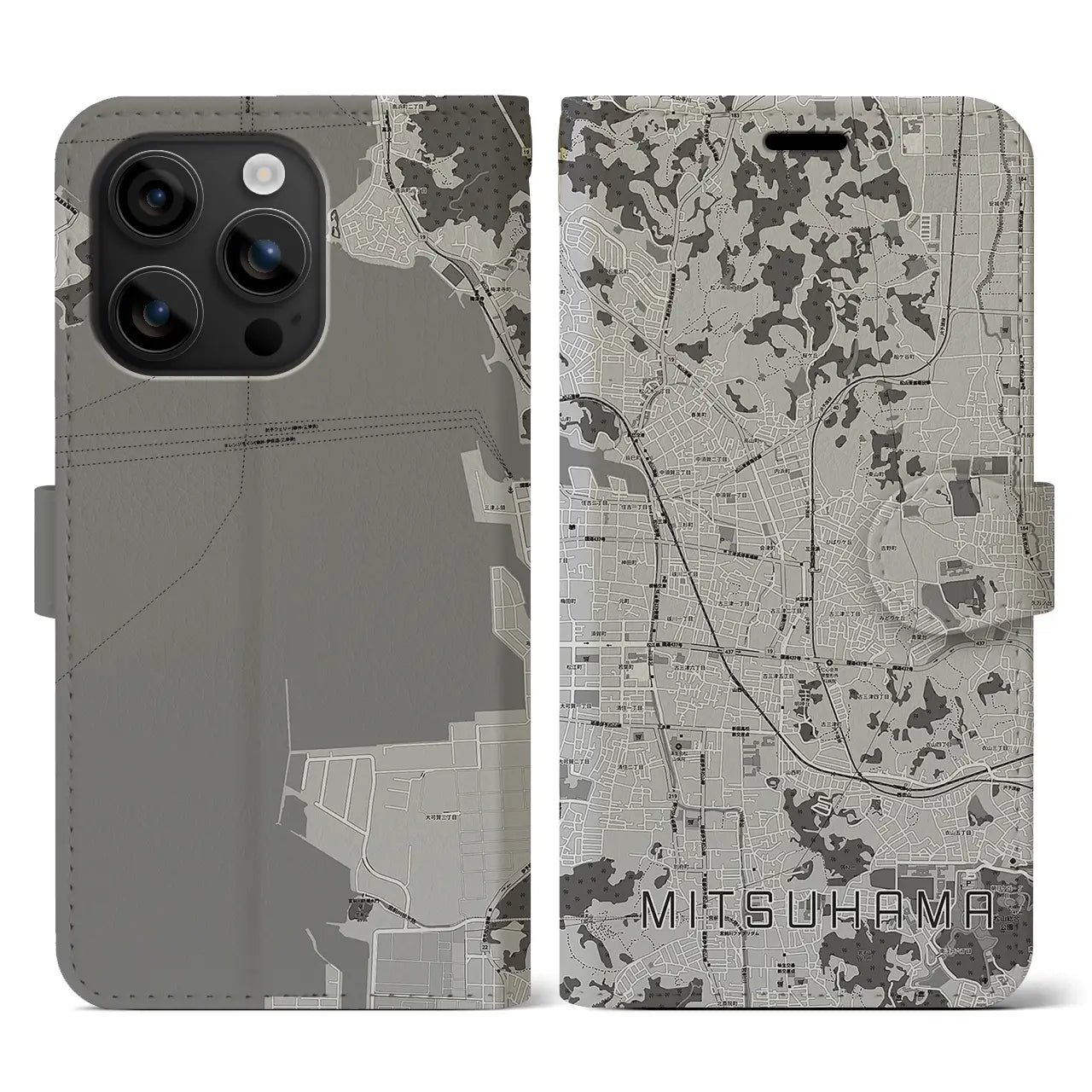 【三津浜(愛媛県)】地図柄iPhoneケース(手帳タイプ)モノトーン・iPhone 16 用