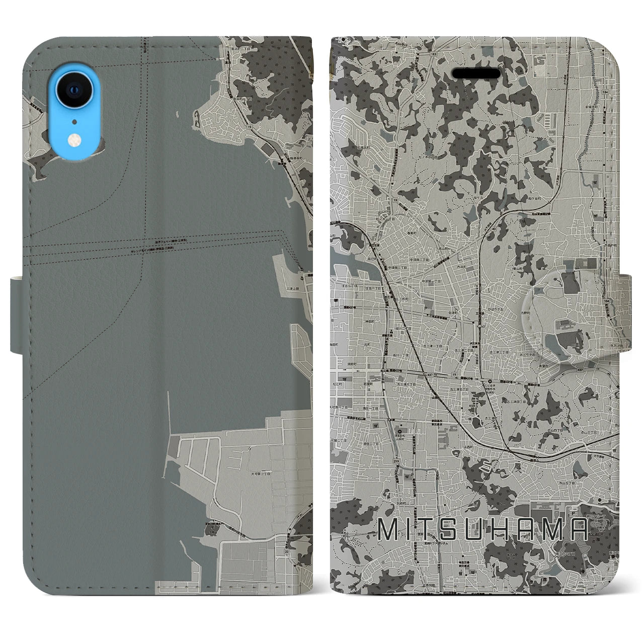 【三津浜(愛媛県)】地図柄iPhoneケース(手帳タイプ)モノトーン・iPhone XR 用