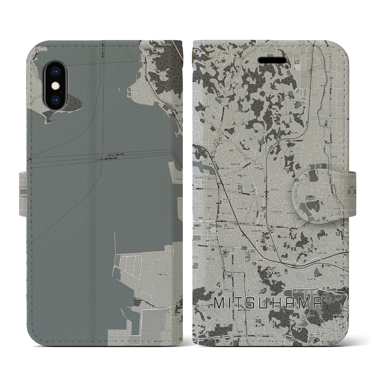 【三津浜(愛媛県)】地図柄iPhoneケース(手帳タイプ)モノトーン・iPhone XS / X 用