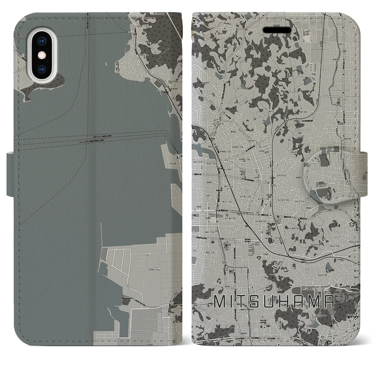 【三津浜(愛媛県)】地図柄iPhoneケース(手帳タイプ)モノトーン・iPhone XS Max 用