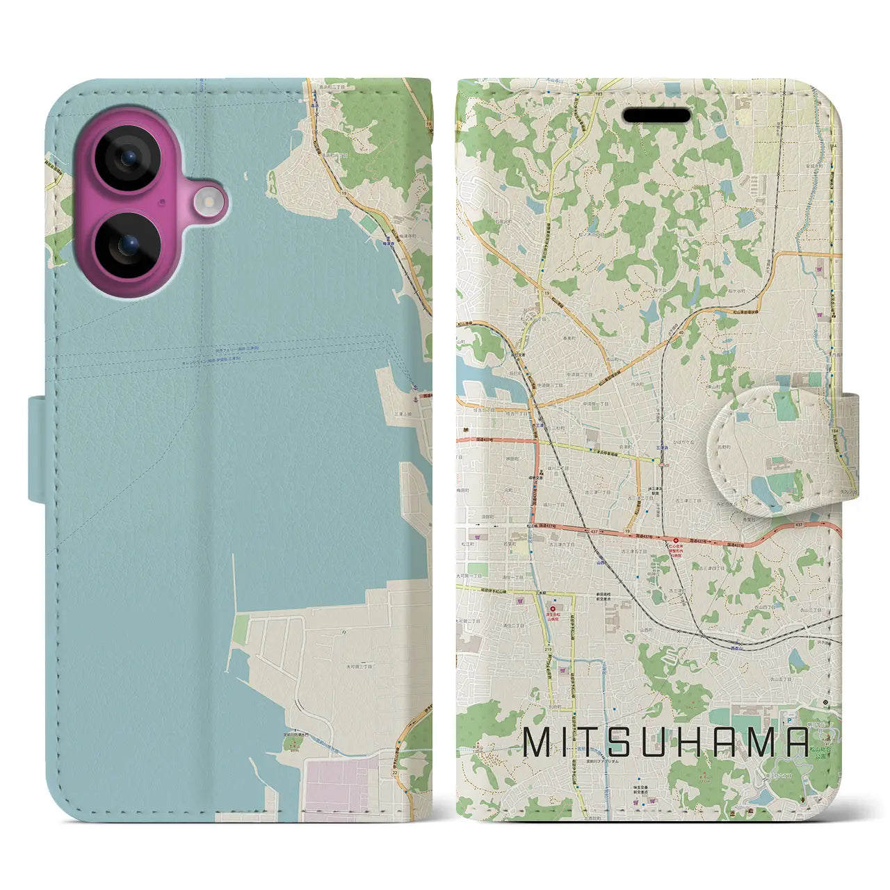 【三津浜(愛媛県)】地図柄iPhoneケース(手帳タイプ)ナチュラル・iPhone 16 Pro 用