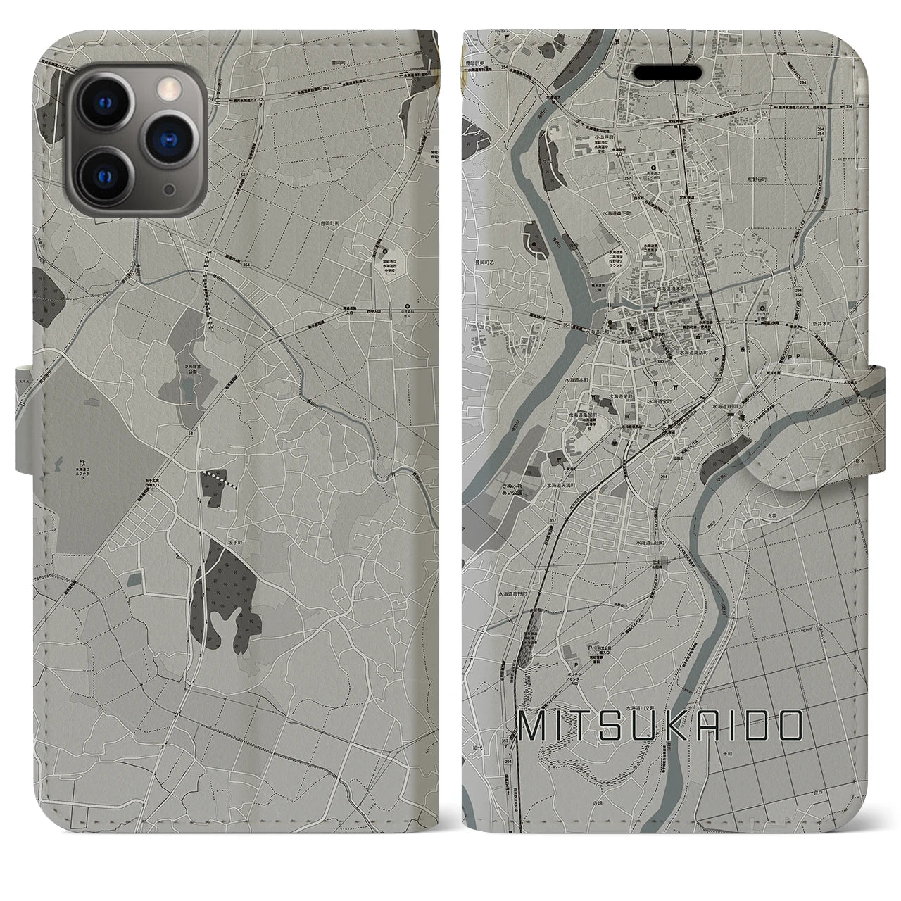 【水海道(茨城県)】地図柄iPhoneケース(手帳タイプ)モノトーン・iPhone 11 Pro Max 用