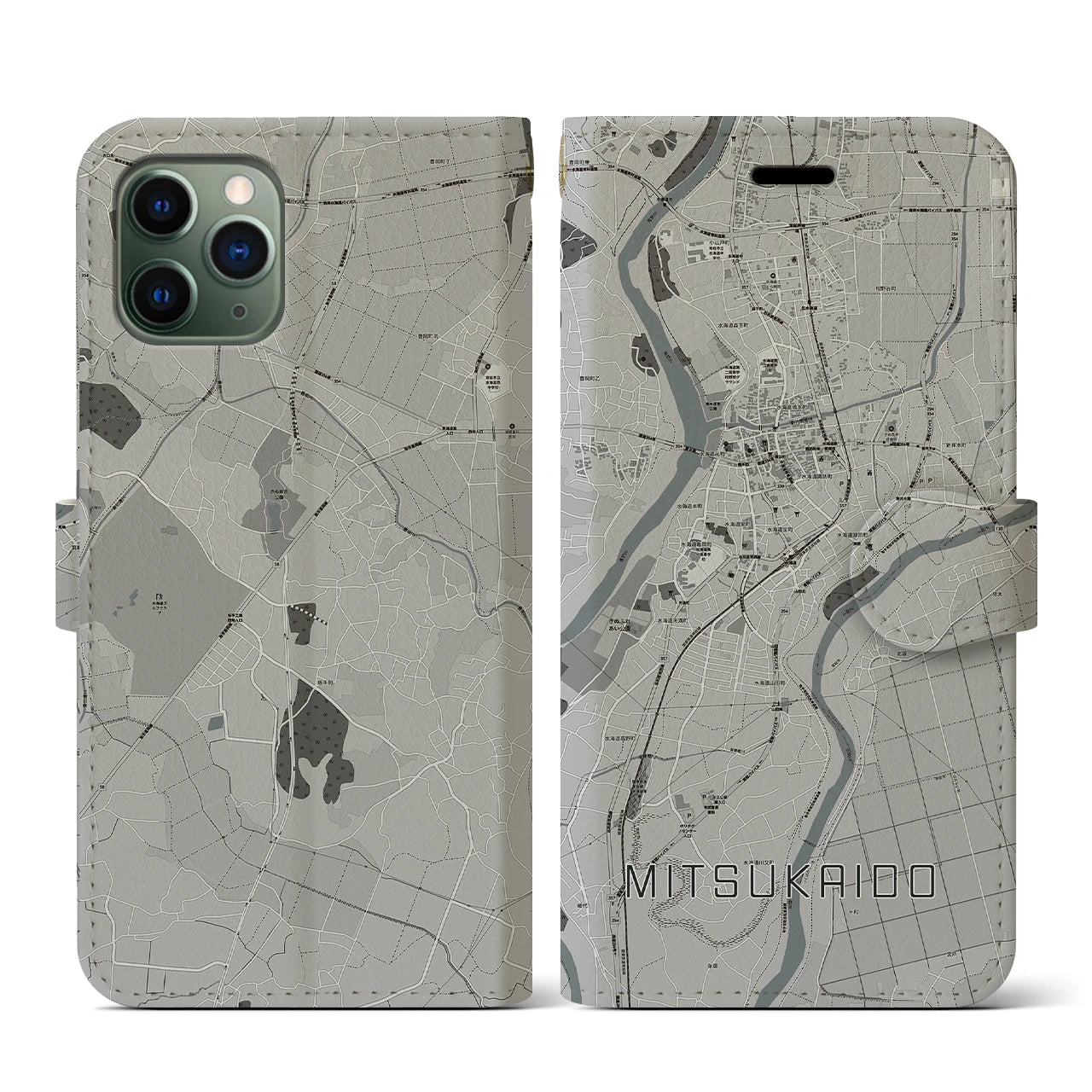 【水海道(茨城県)】地図柄iPhoneケース(手帳タイプ)モノトーン・iPhone 11 Pro 用