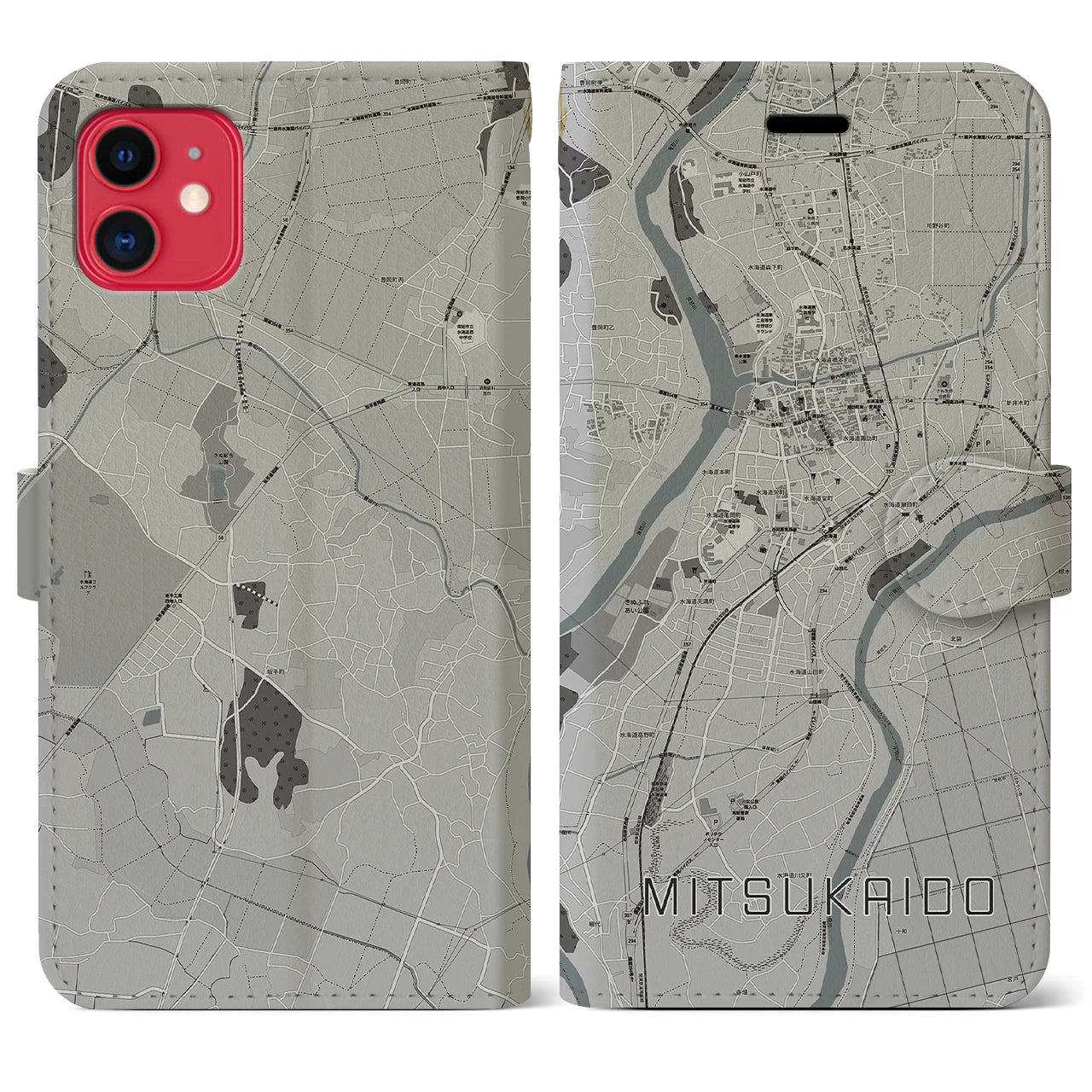 【水海道(茨城県)】地図柄iPhoneケース(手帳タイプ)モノトーン・iPhone 11 用