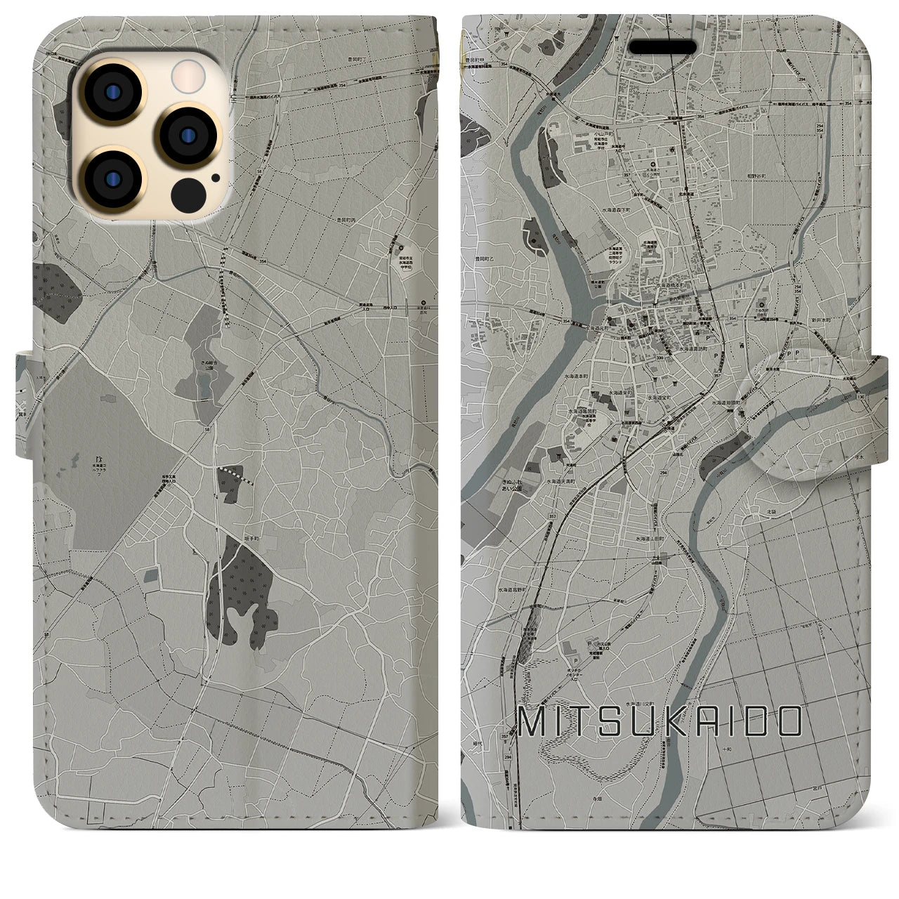 【水海道(茨城県)】地図柄iPhoneケース(手帳タイプ)モノトーン・iPhone 12 Pro Max 用