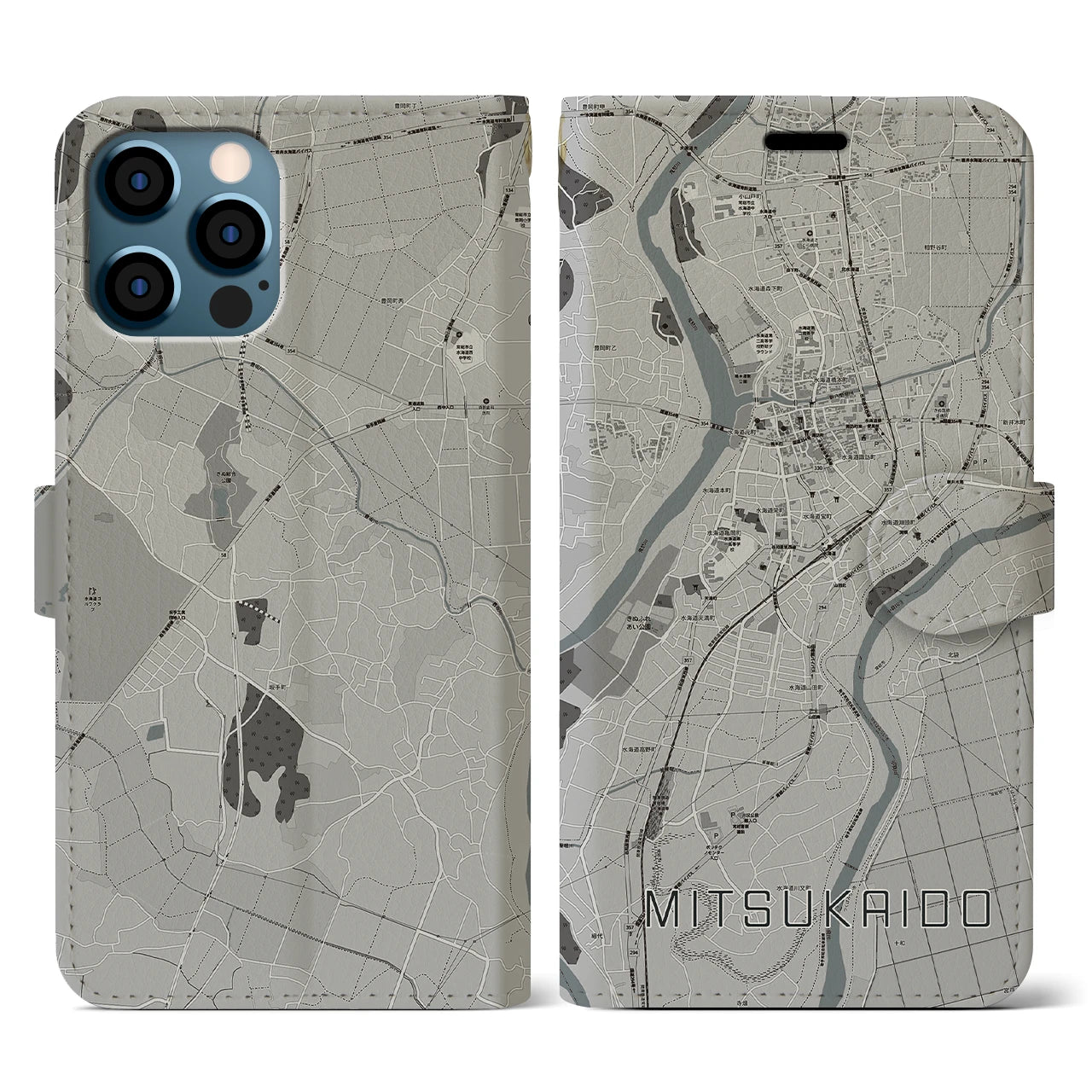 【水海道(茨城県)】地図柄iPhoneケース(手帳タイプ)モノトーン・iPhone 12 / 12 Pro 用