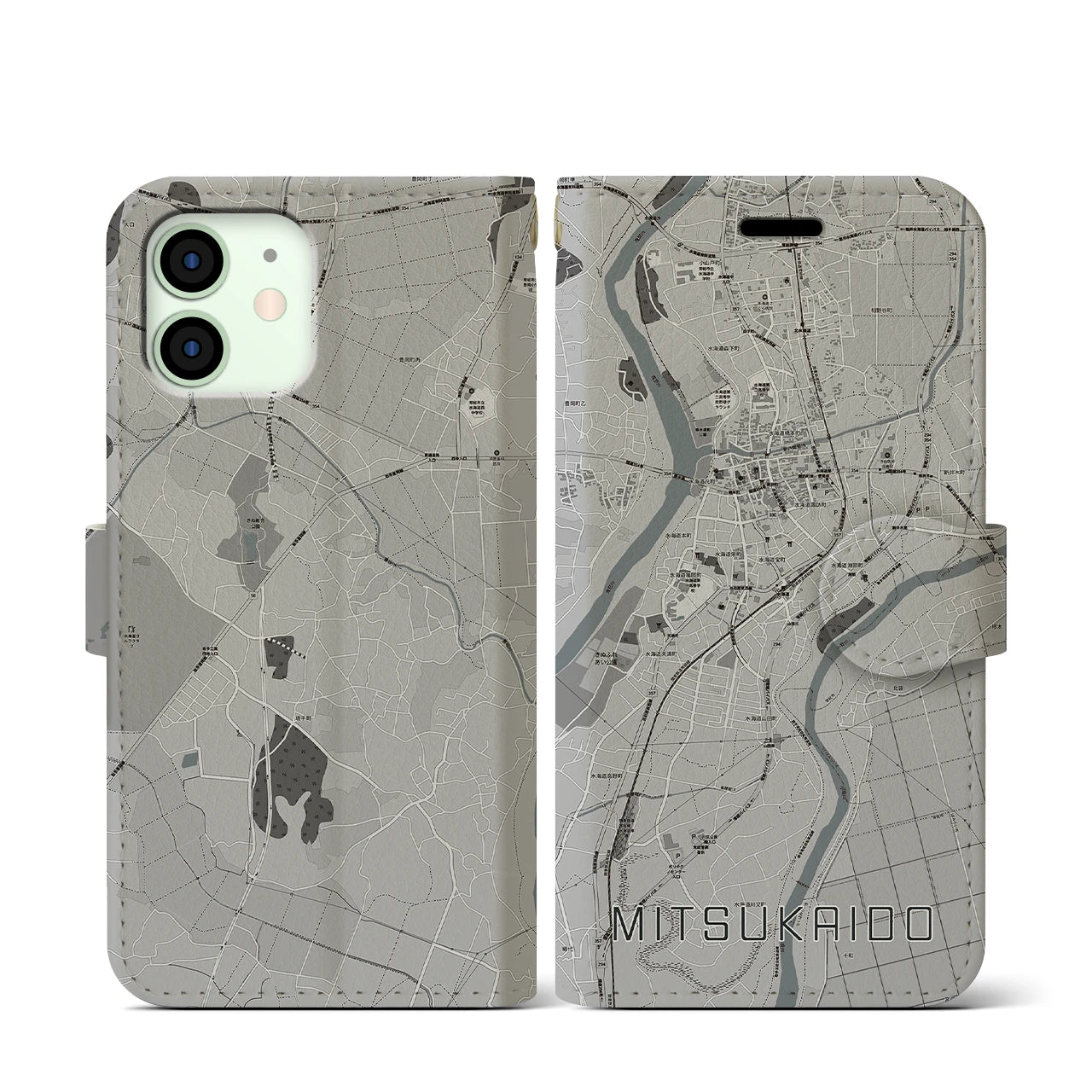 【水海道(茨城県)】地図柄iPhoneケース(手帳タイプ)モノトーン・iPhone 12 mini 用