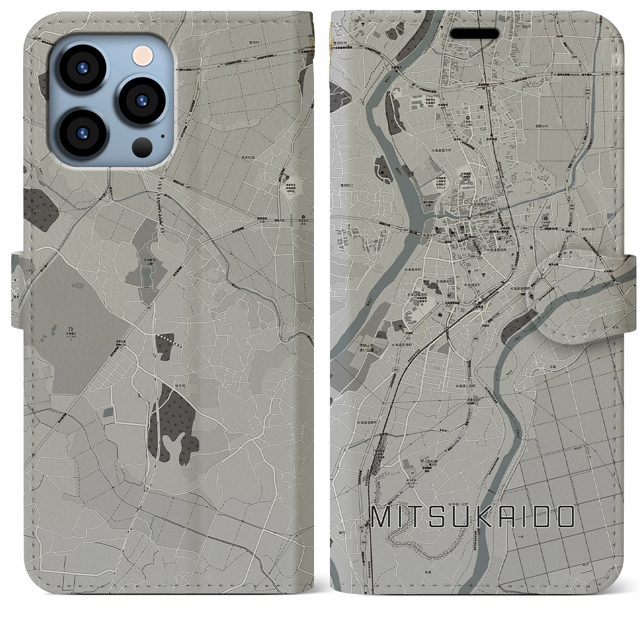 【水海道(茨城県)】地図柄iPhoneケース(手帳タイプ)モノトーン・iPhone 13 Pro Max 用