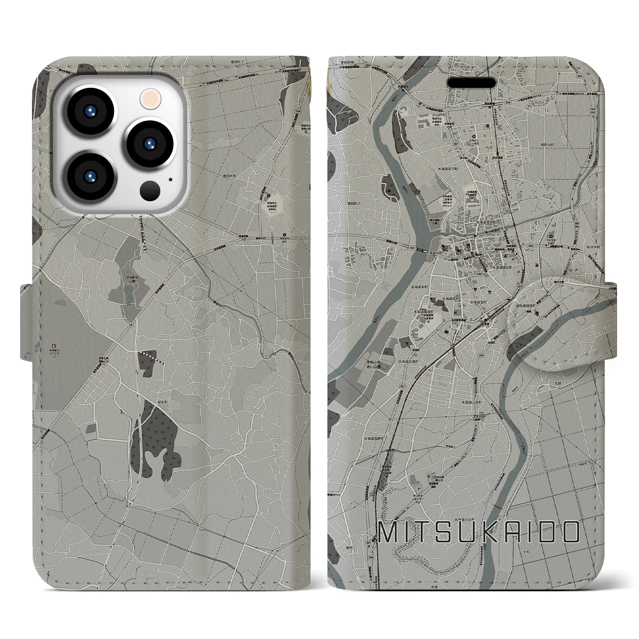 【水海道(茨城県)】地図柄iPhoneケース(手帳タイプ)モノトーン・iPhone 13 Pro 用