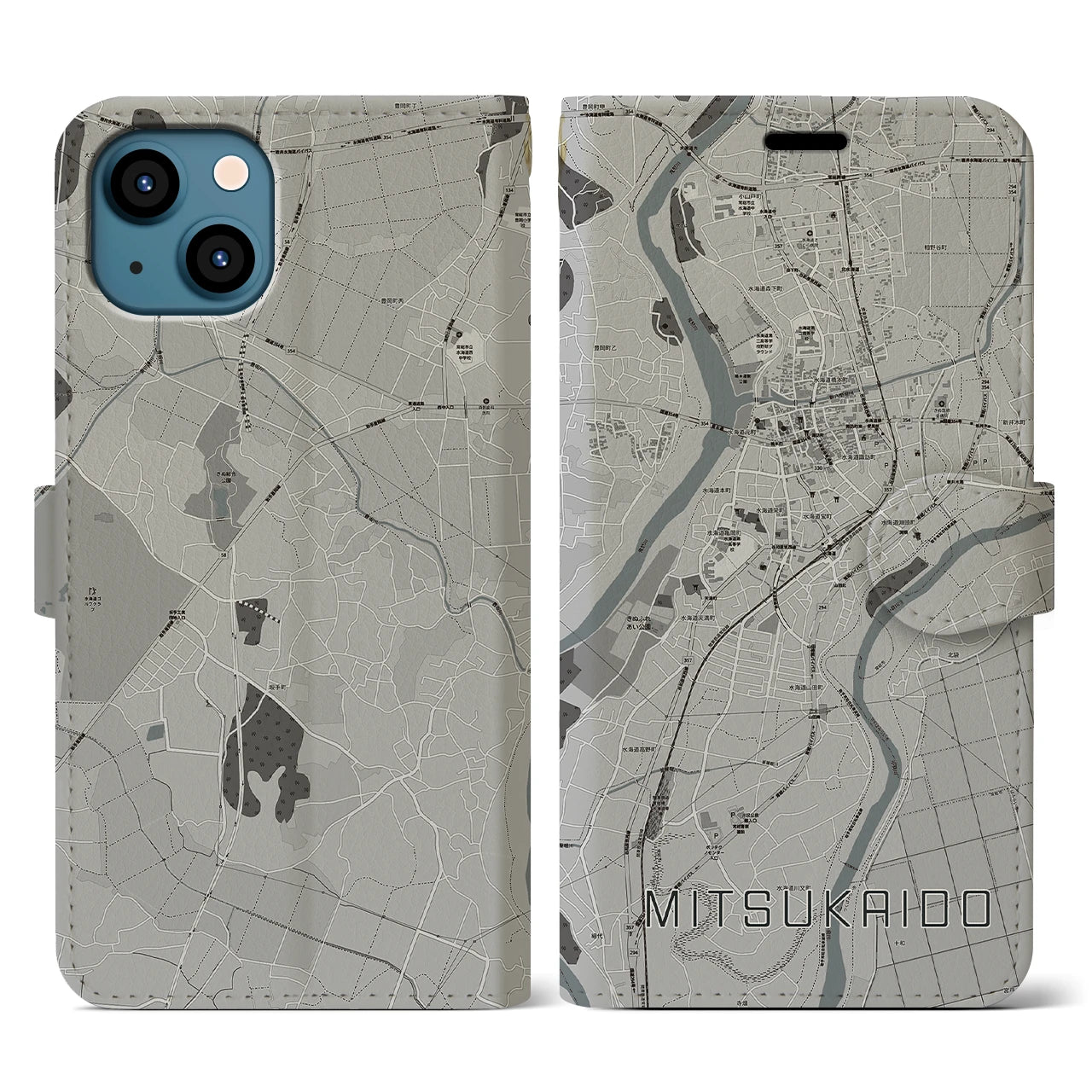 【水海道(茨城県)】地図柄iPhoneケース(手帳タイプ)モノトーン・iPhone 13 用