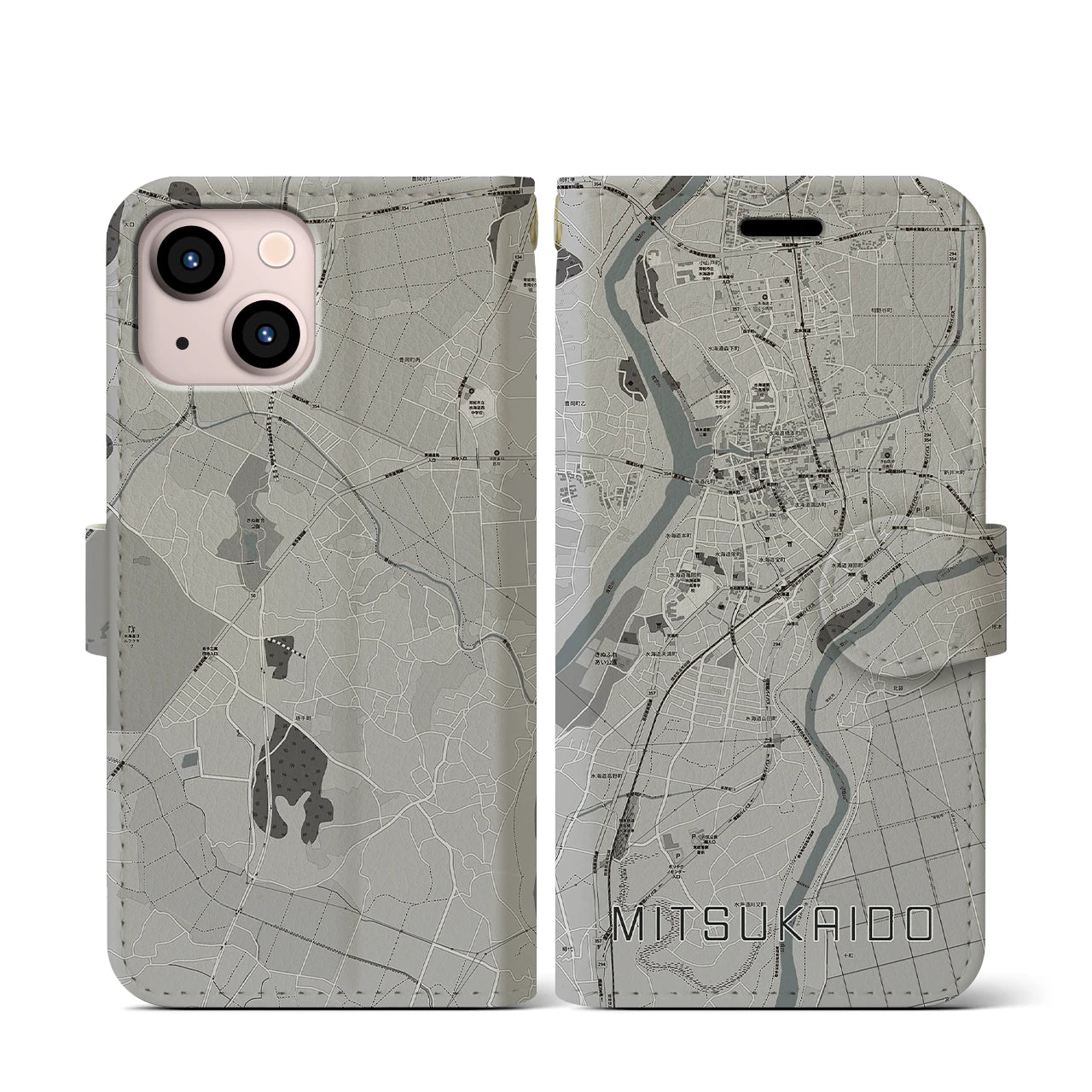 【水海道(茨城県)】地図柄iPhoneケース(手帳タイプ)モノトーン・iPhone 13 mini 用