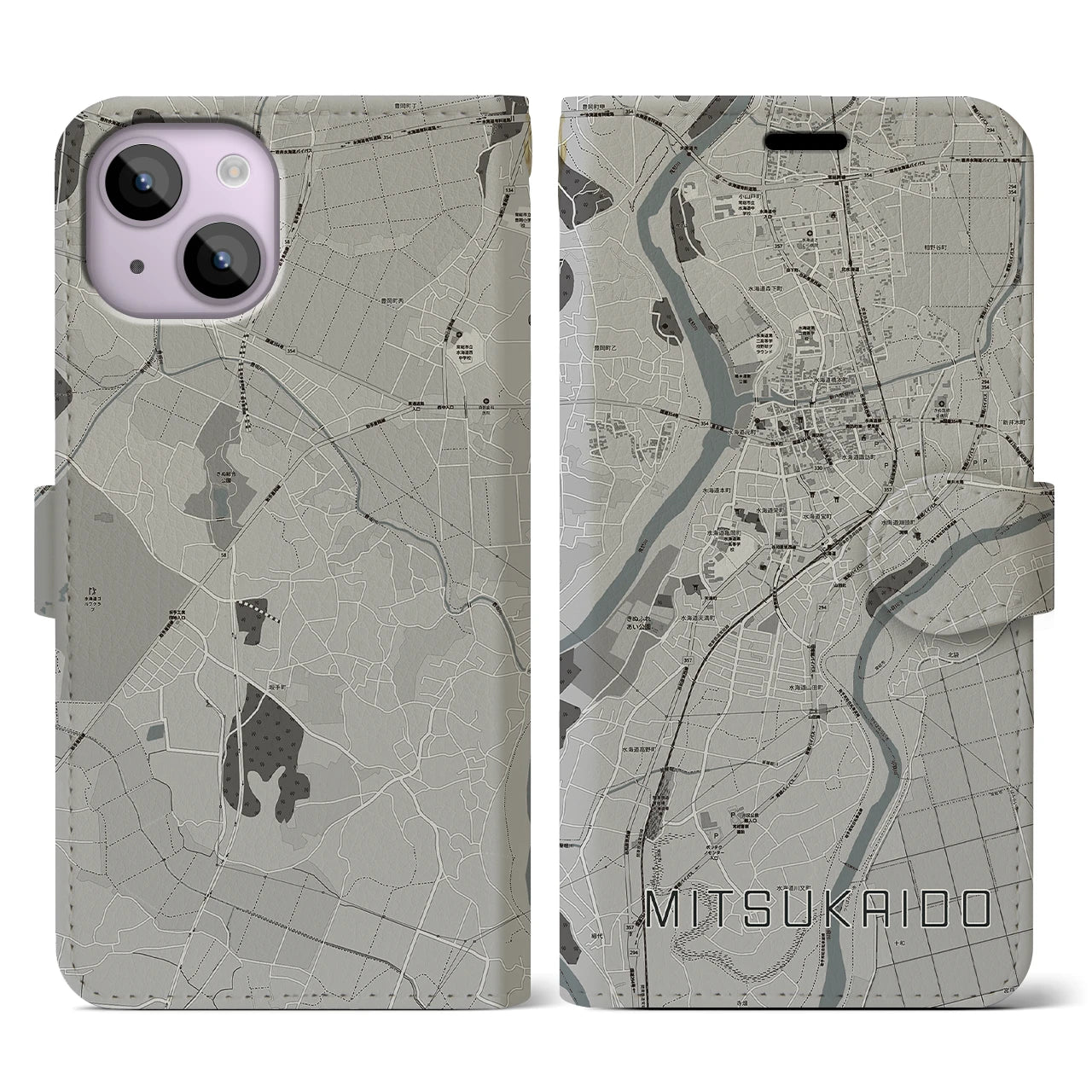 【水海道(茨城県)】地図柄iPhoneケース(手帳タイプ)モノトーン・iPhone 14 用