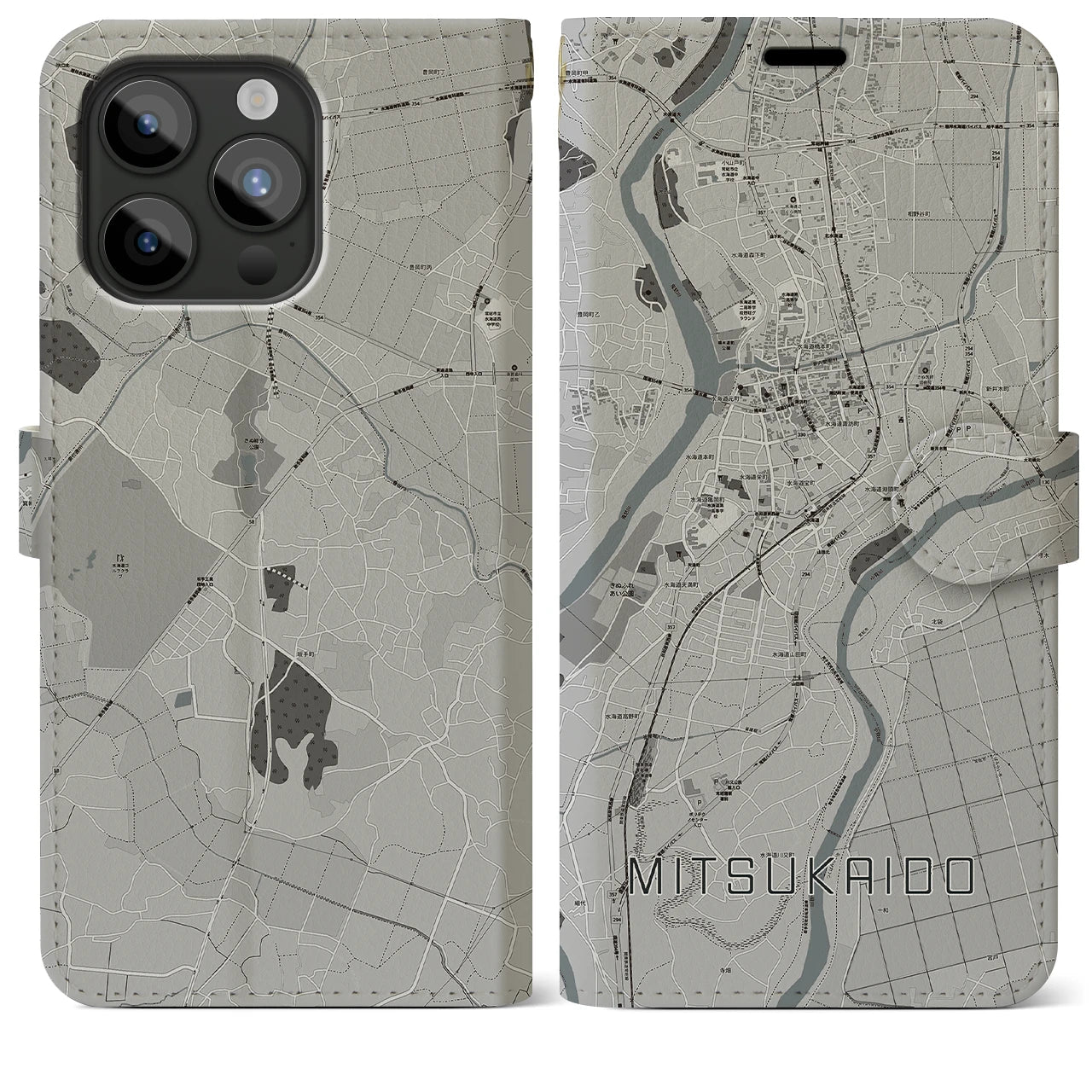 【水海道(茨城県)】地図柄iPhoneケース(手帳タイプ)モノトーン・iPhone 15 Pro Max 用