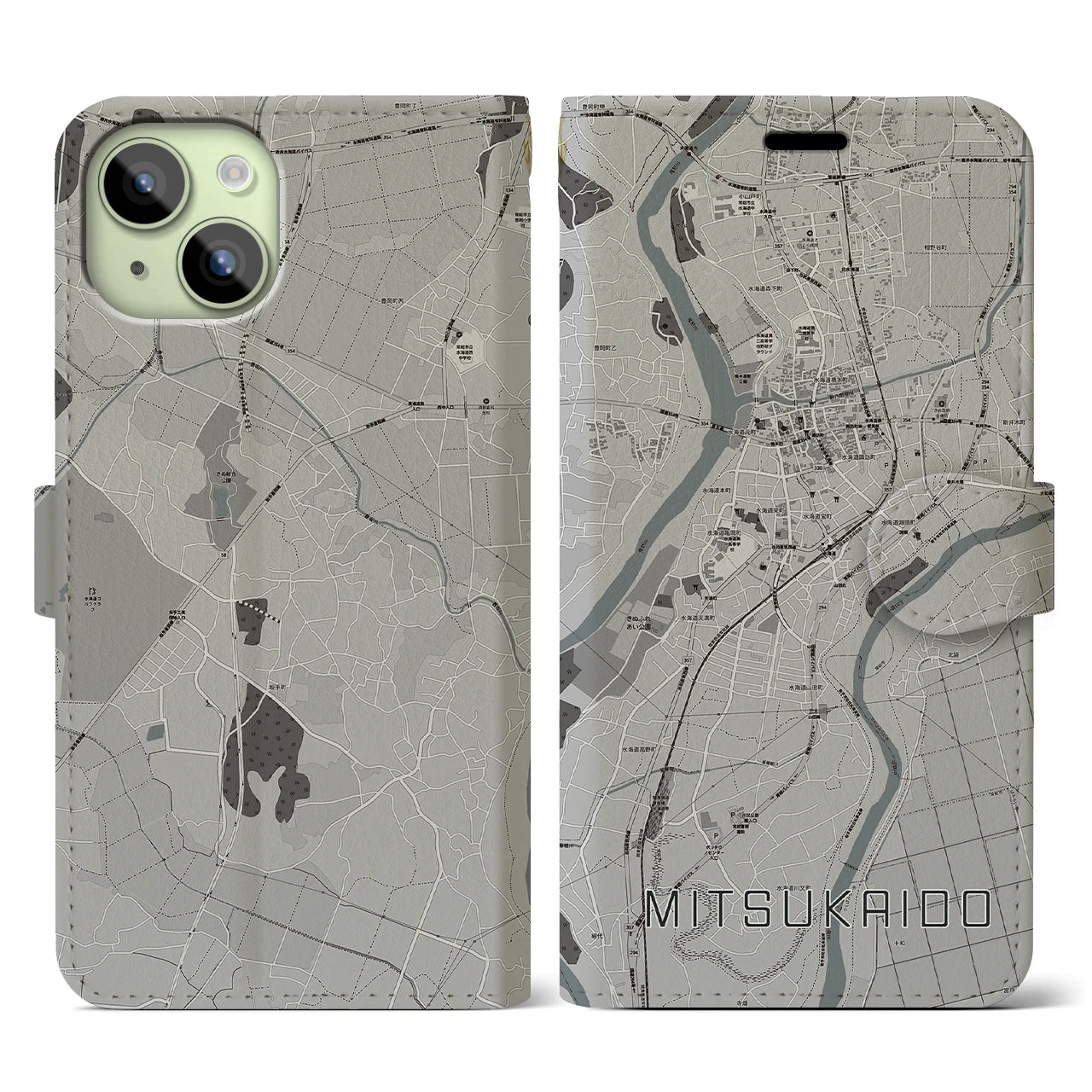 【水海道(茨城県)】地図柄iPhoneケース(手帳タイプ)モノトーン・iPhone 15 用