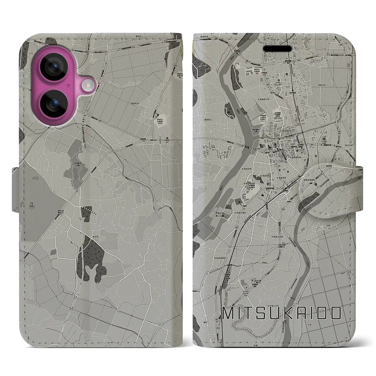 【水海道(茨城県)】地図柄iPhoneケース(手帳タイプ)モノトーン・iPhone 16 Pro 用