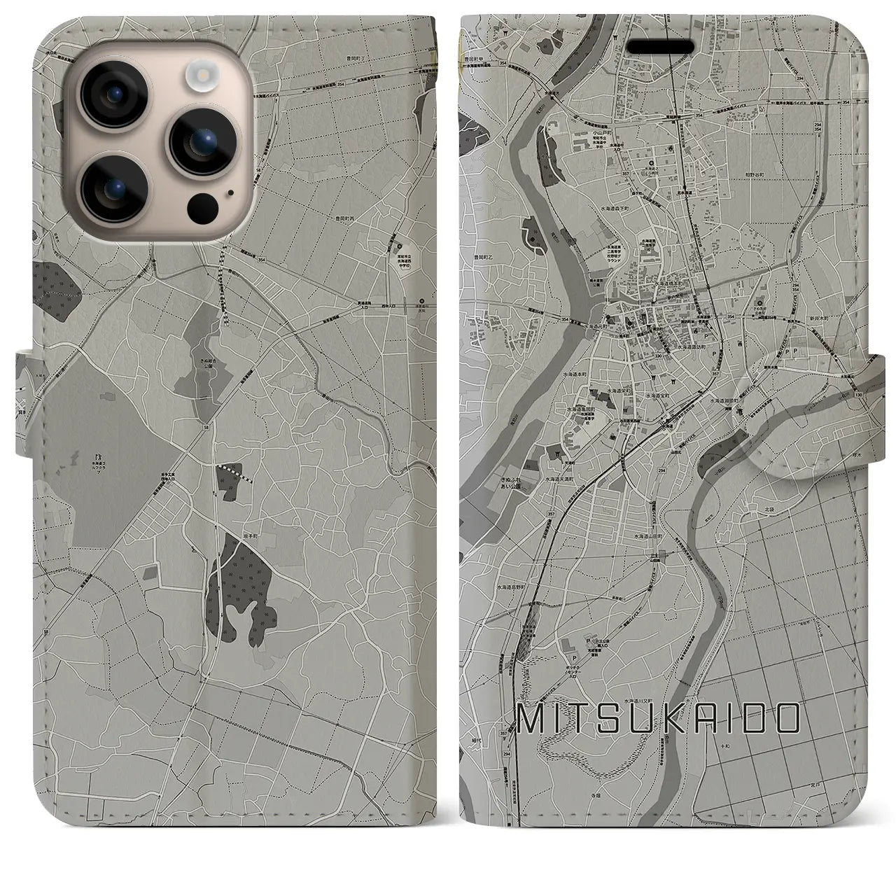 【水海道(茨城県)】地図柄iPhoneケース(手帳タイプ)モノトーン・iPhone 16 Plus 用