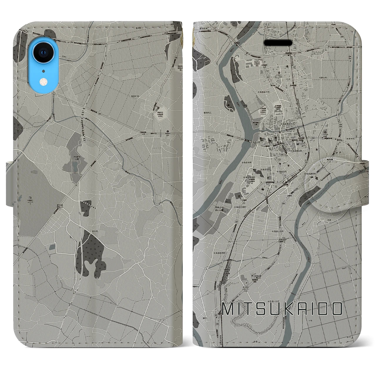 【水海道(茨城県)】地図柄iPhoneケース(手帳タイプ)モノトーン・iPhone XR 用