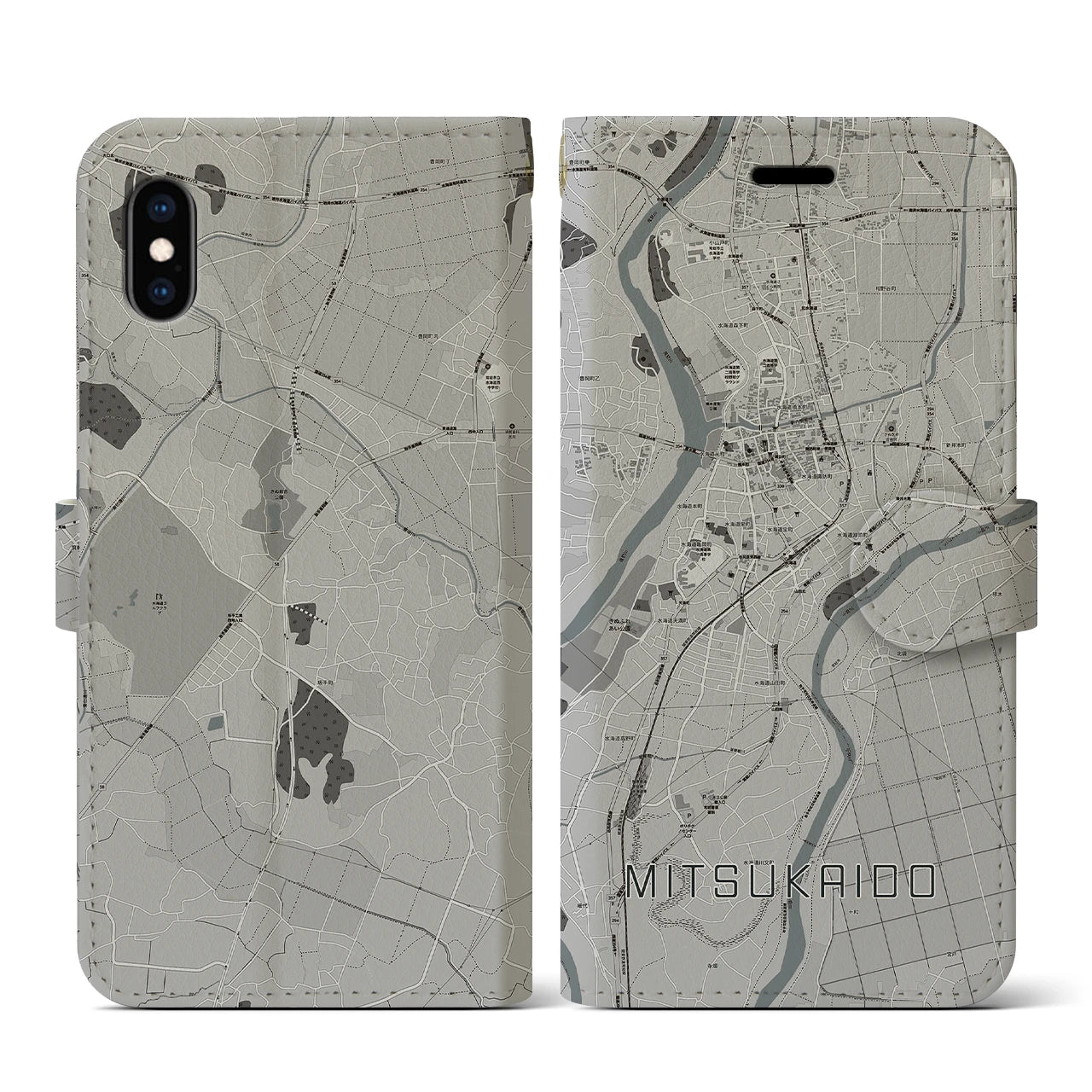 【水海道(茨城県)】地図柄iPhoneケース(手帳タイプ)モノトーン・iPhone XS / X 用