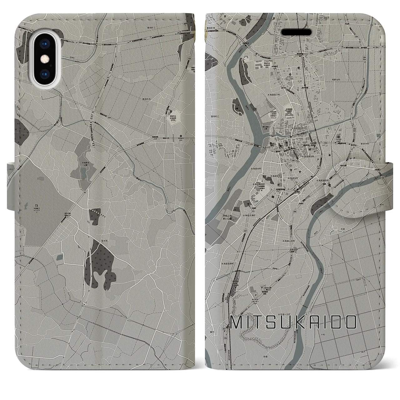 【水海道(茨城県)】地図柄iPhoneケース(手帳タイプ)モノトーン・iPhone XS Max 用