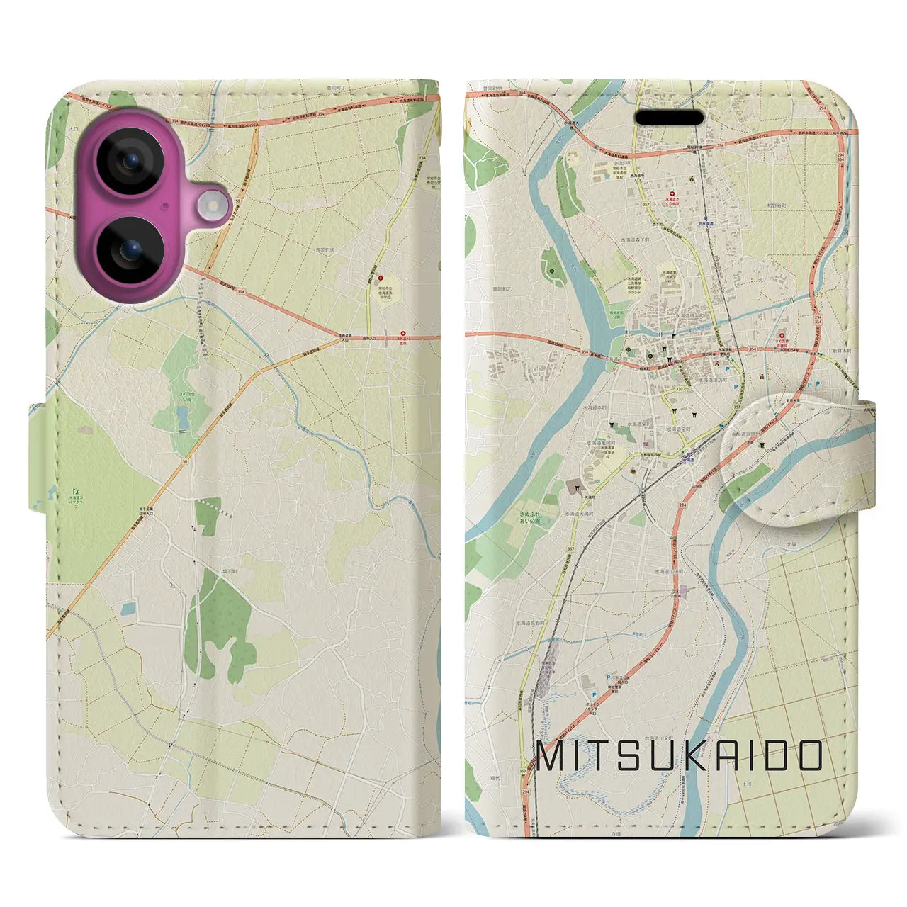 【水海道(茨城県)】地図柄iPhoneケース(手帳タイプ)ナチュラル・iPhone 16 Pro 用