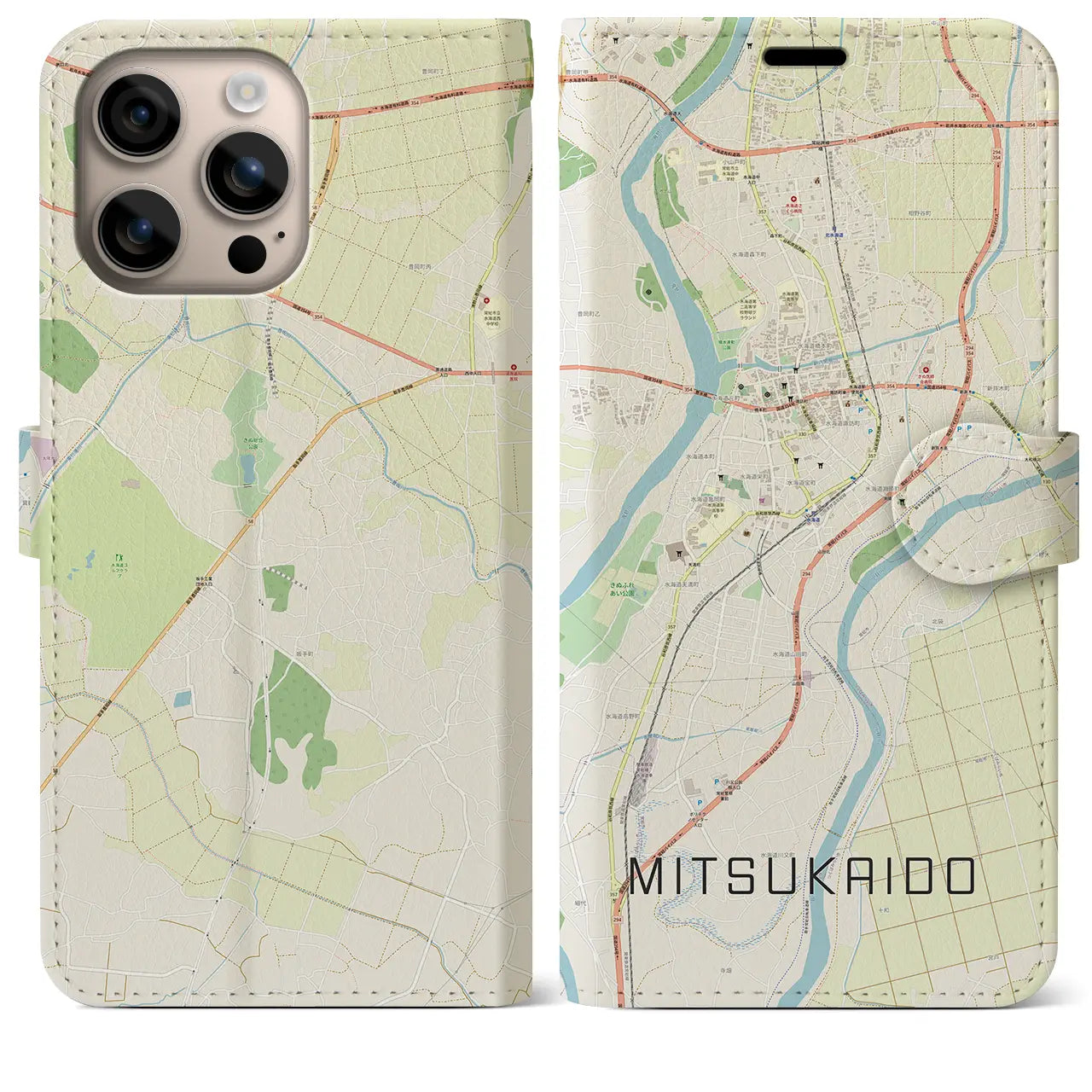 【水海道(茨城県)】地図柄iPhoneケース(手帳タイプ)ナチュラル・iPhone 16 Plus 用