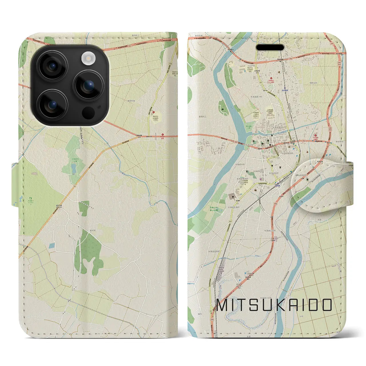 【水海道(茨城県)】地図柄iPhoneケース(手帳タイプ)ナチュラル・iPhone 16 用