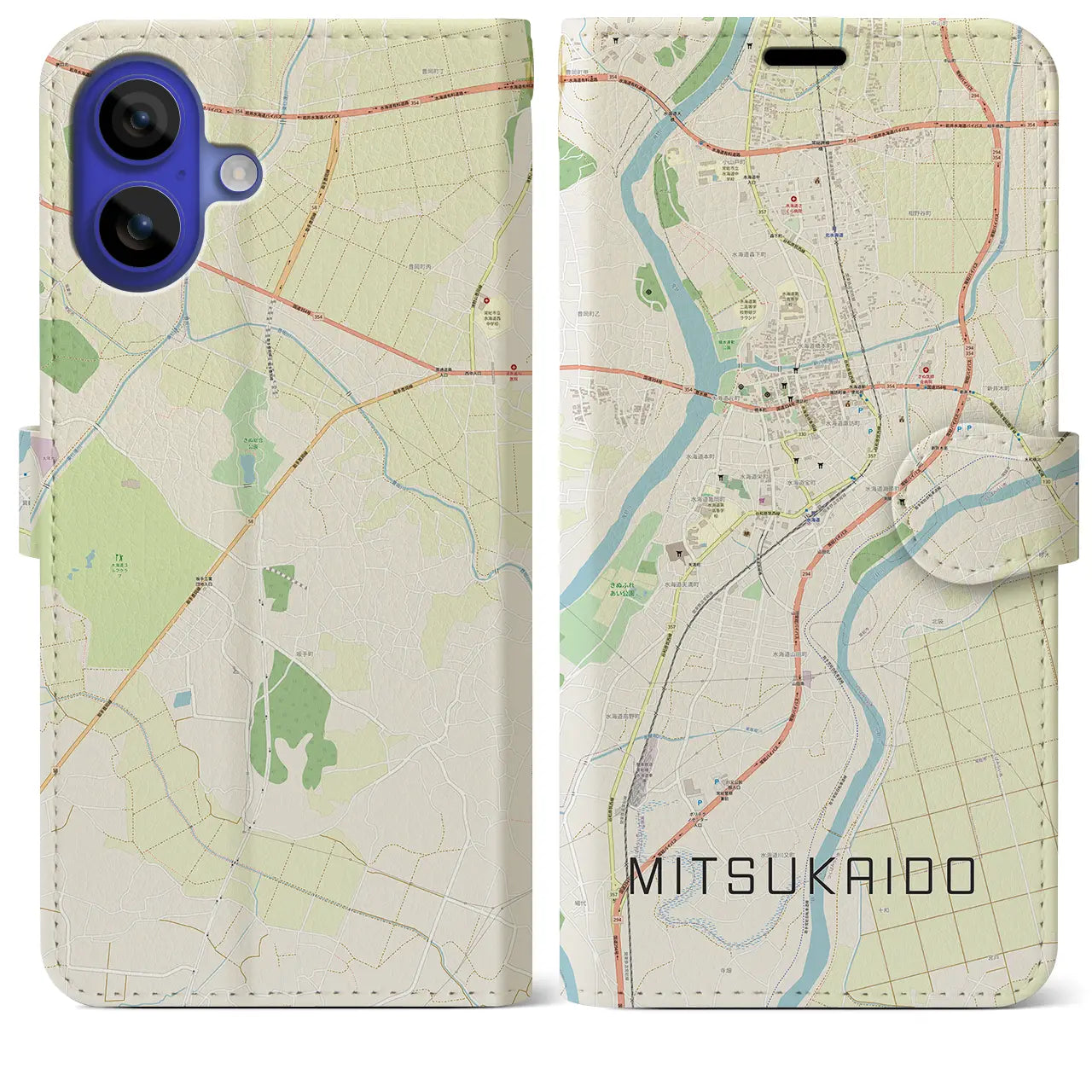 【水海道(茨城県)】地図柄iPhoneケース(手帳タイプ)ナチュラル・iPhone 16 Pro Max 用