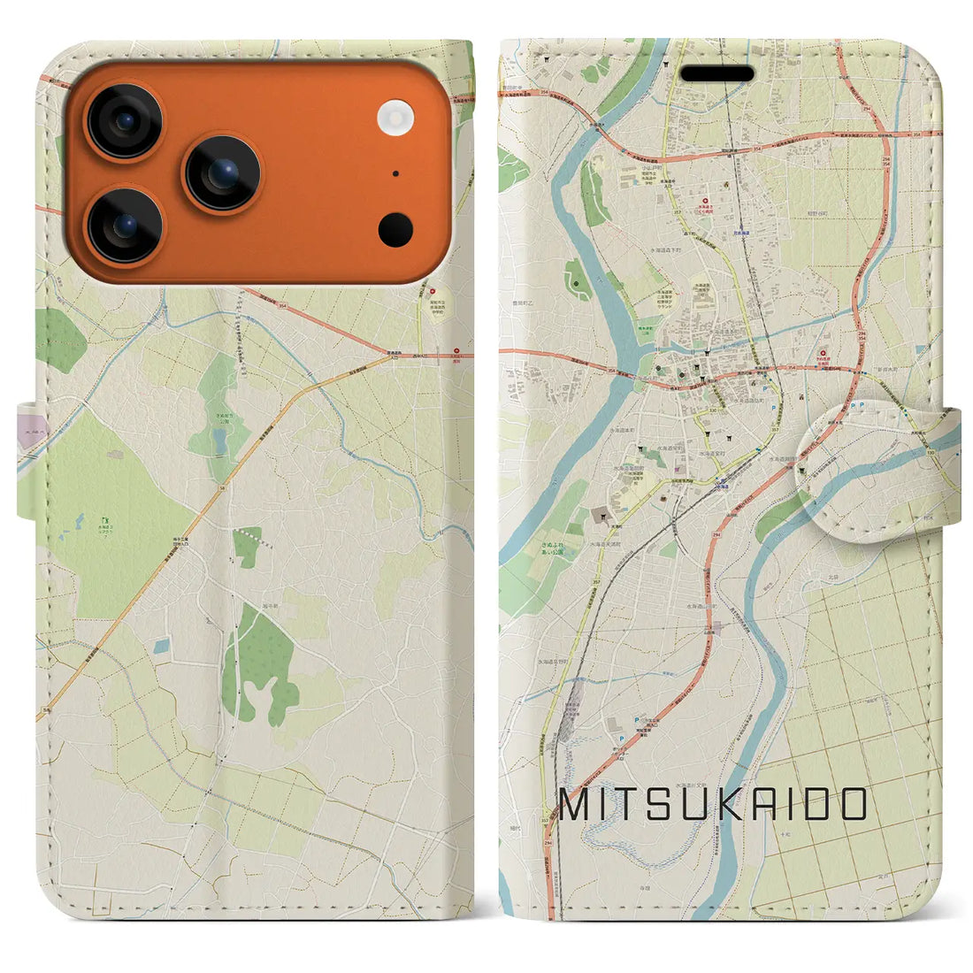 【水海道(茨城県)】地図柄iPhoneケース(手帳タイプ)ナチュラル・iPhone 17 Pro Max 用