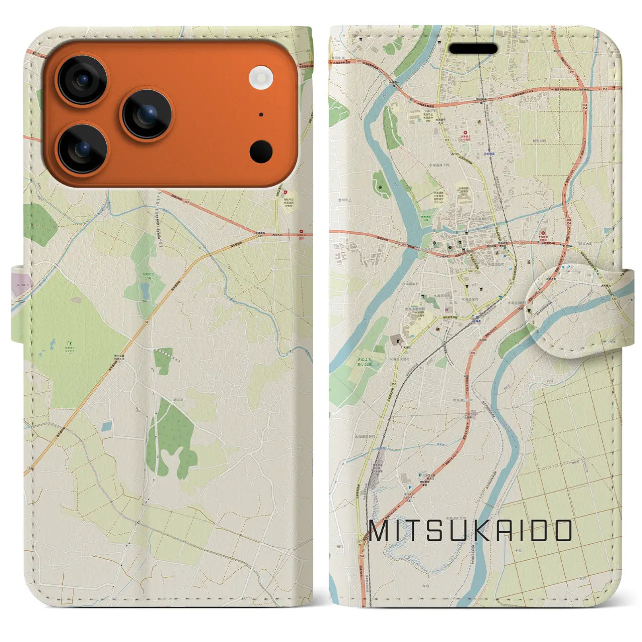 【水海道(茨城県)】地図柄iPhoneケース(手帳タイプ)ナチュラル・iPhone 17 Pro Max 用