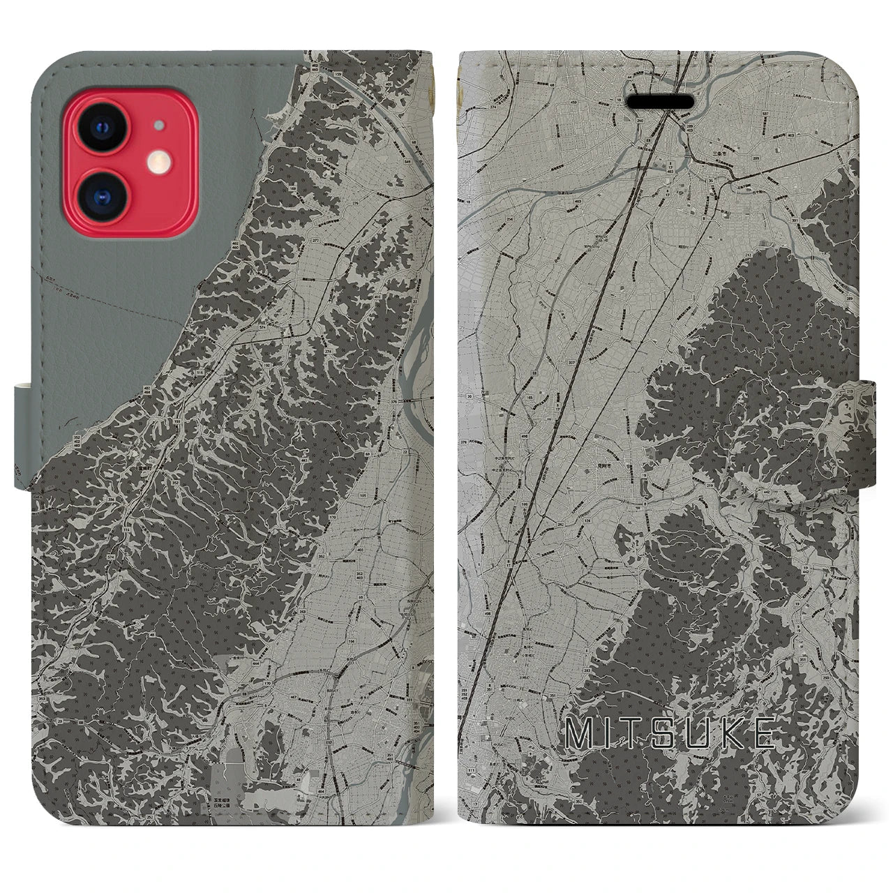 【見附(新潟県)】地図柄iPhoneケース(手帳タイプ)モノトーン・iPhone 11 用
