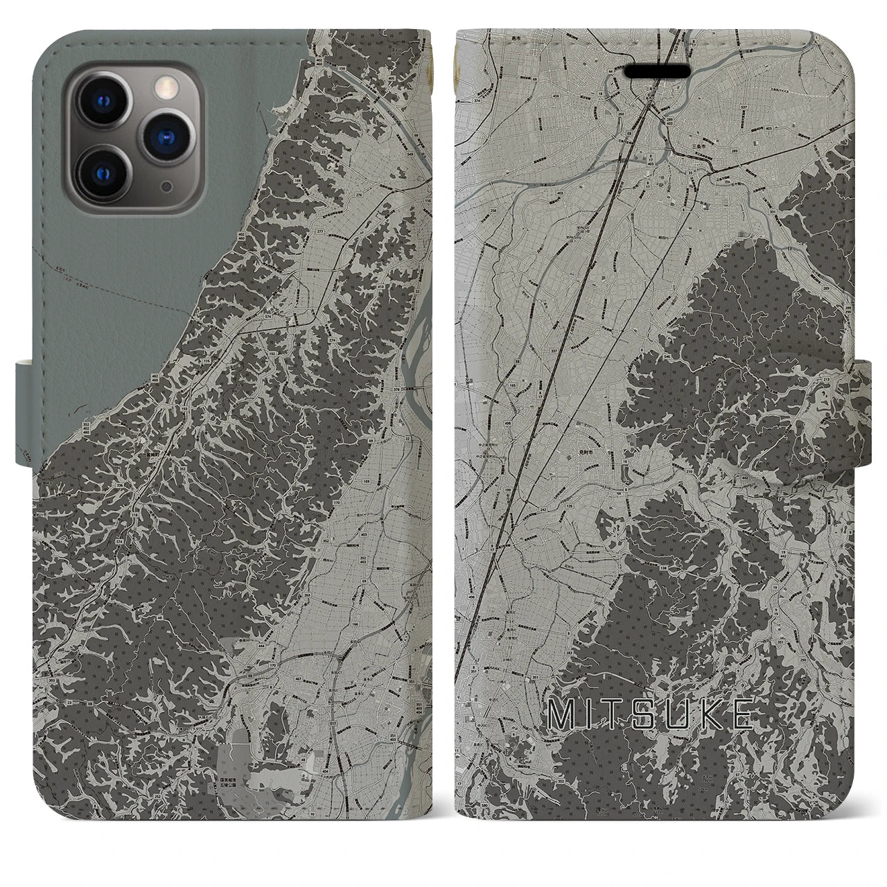 【見附(新潟県)】地図柄iPhoneケース(手帳タイプ)モノトーン・iPhone 11 Pro Max 用