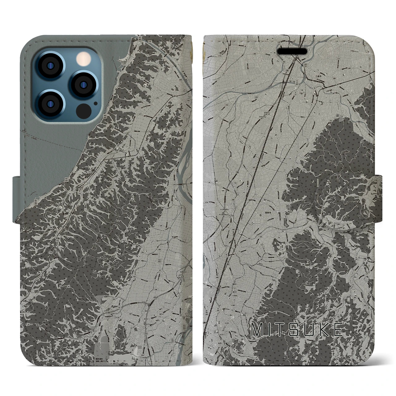 【見附(新潟県)】地図柄iPhoneケース(手帳タイプ)モノトーン・iPhone 12 / 12 Pro 用