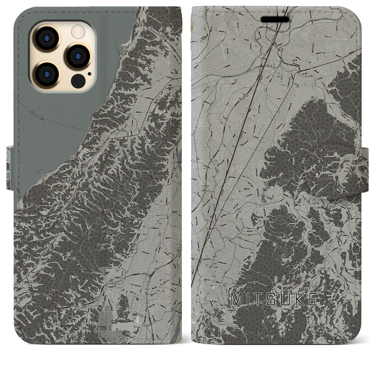 【見附(新潟県)】地図柄iPhoneケース(手帳タイプ)モノトーン・iPhone 12 Pro Max 用